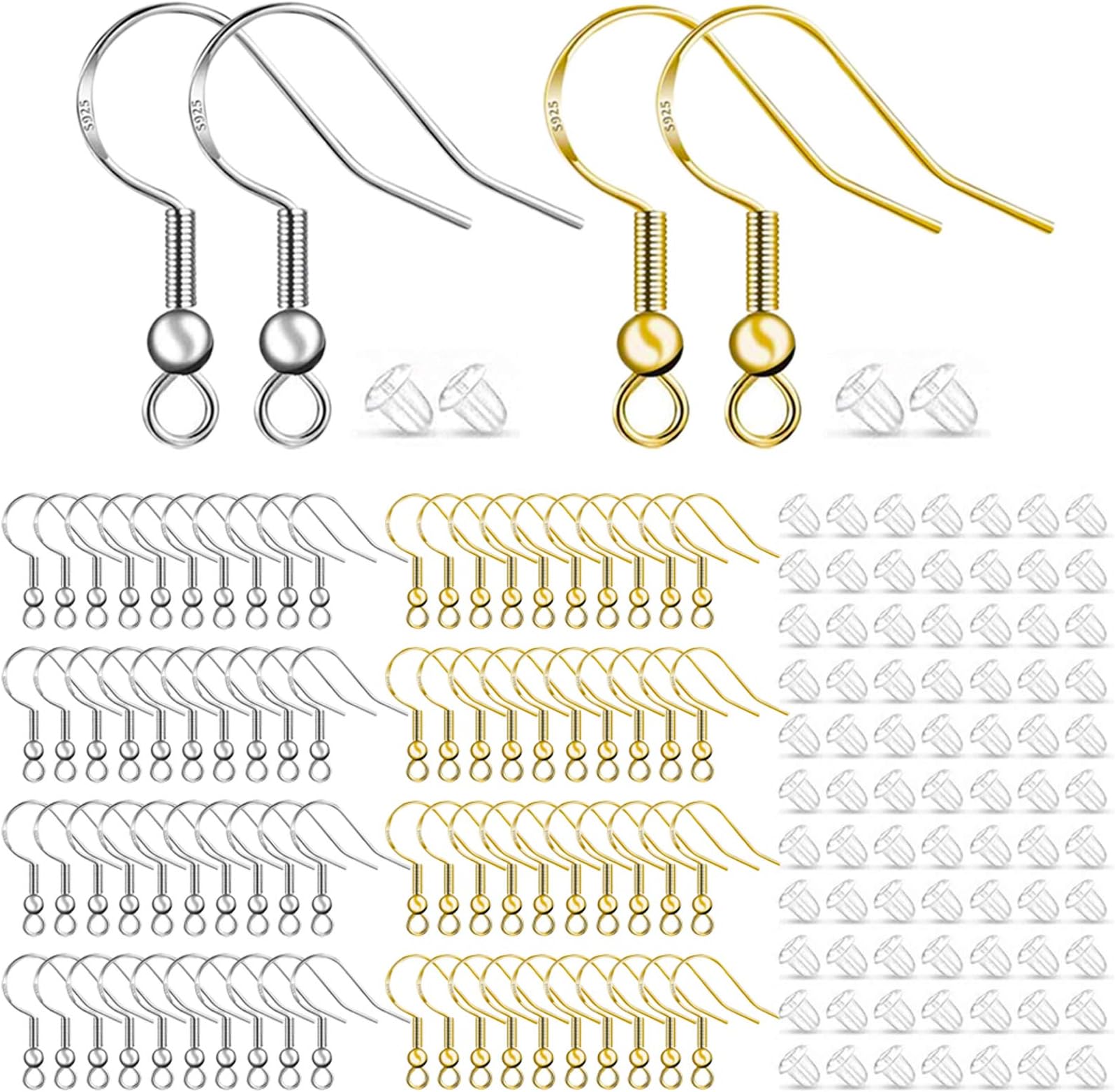 100 Pair 925 Silver Hypoallergenic Earring Hooks, Earring Making Supplies Kit with Ear Wires Fish Hooks and Clear Rubber Earring Backs for DIY Jewelry Making(Silver&Gold - 400Pcs)