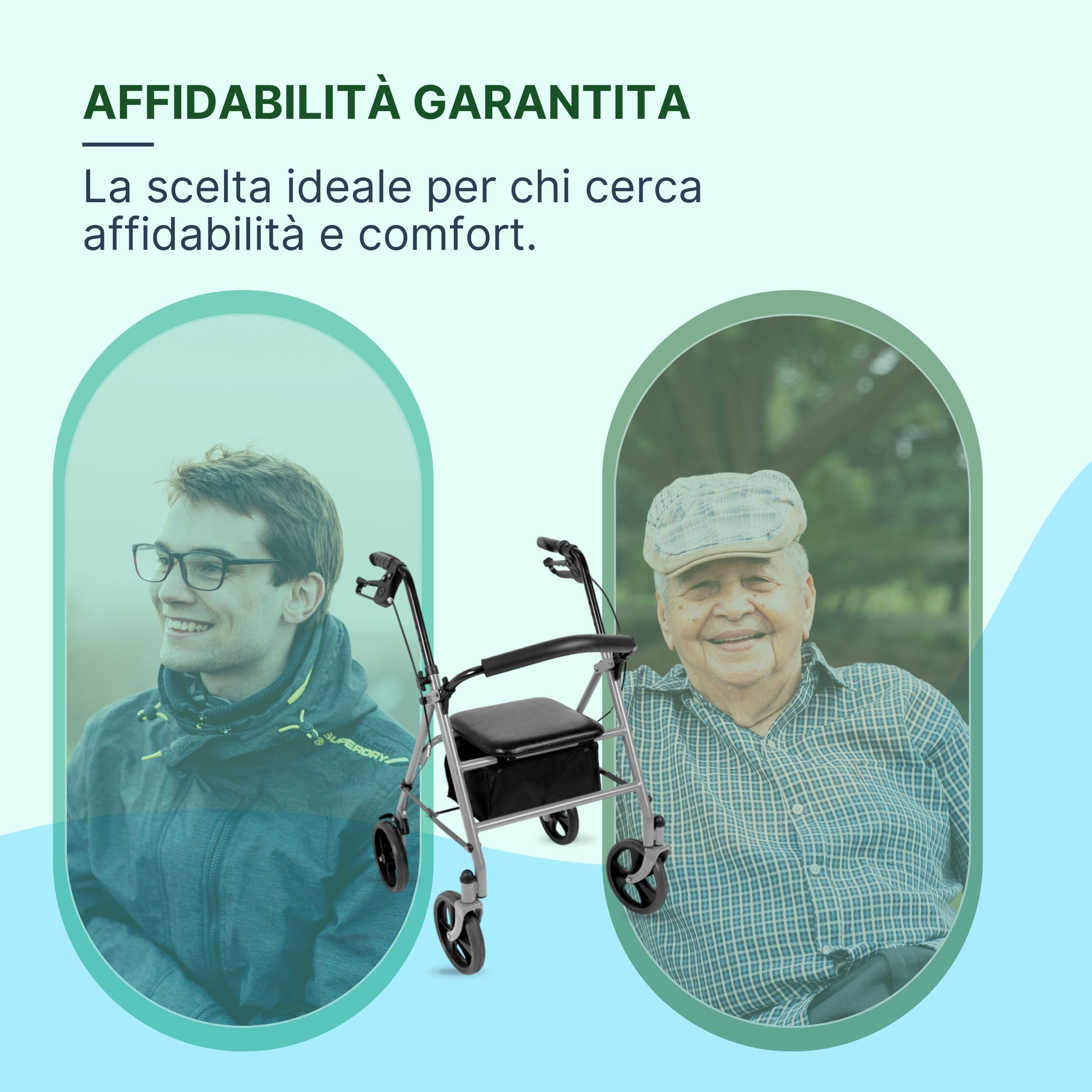 Rollator Deambulatore con Seduta per Anziani e Disabili - Deambulatore per Anziani 4 Ruote Pieghevole con Borsa e Schienale Ribaltabile ed Estraibile