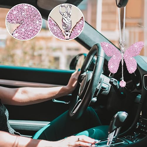 Miniatura 6 de Accesorios de automóvil con diseño de mariposa brillante para mujer, colgante de adorno de espejo retrovisor de automóvil de diamante, regalo del