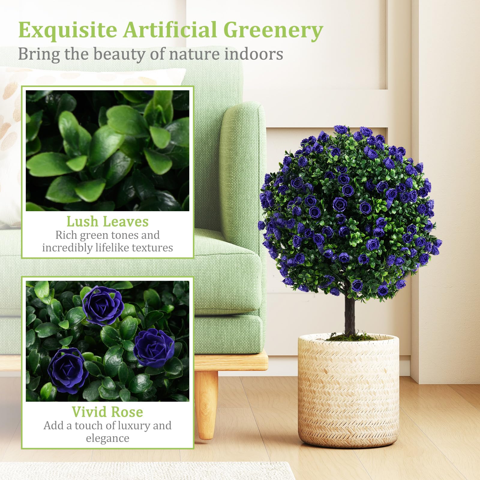 GIANTEX Set di 2 alberi di bosso con rose viola, piante artificiali in vaso con palline di cespugli di bosso, protezione solare, piante ornamentali per ingresso, soggiorno, balcone