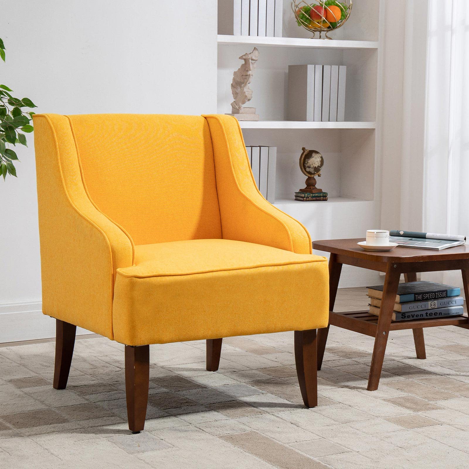 MOJAY Mid-Century Accent Chair, Modern Linen Living Room Sofa Chair,Comfy Bedroom Reading Chair with Wooden Legs
