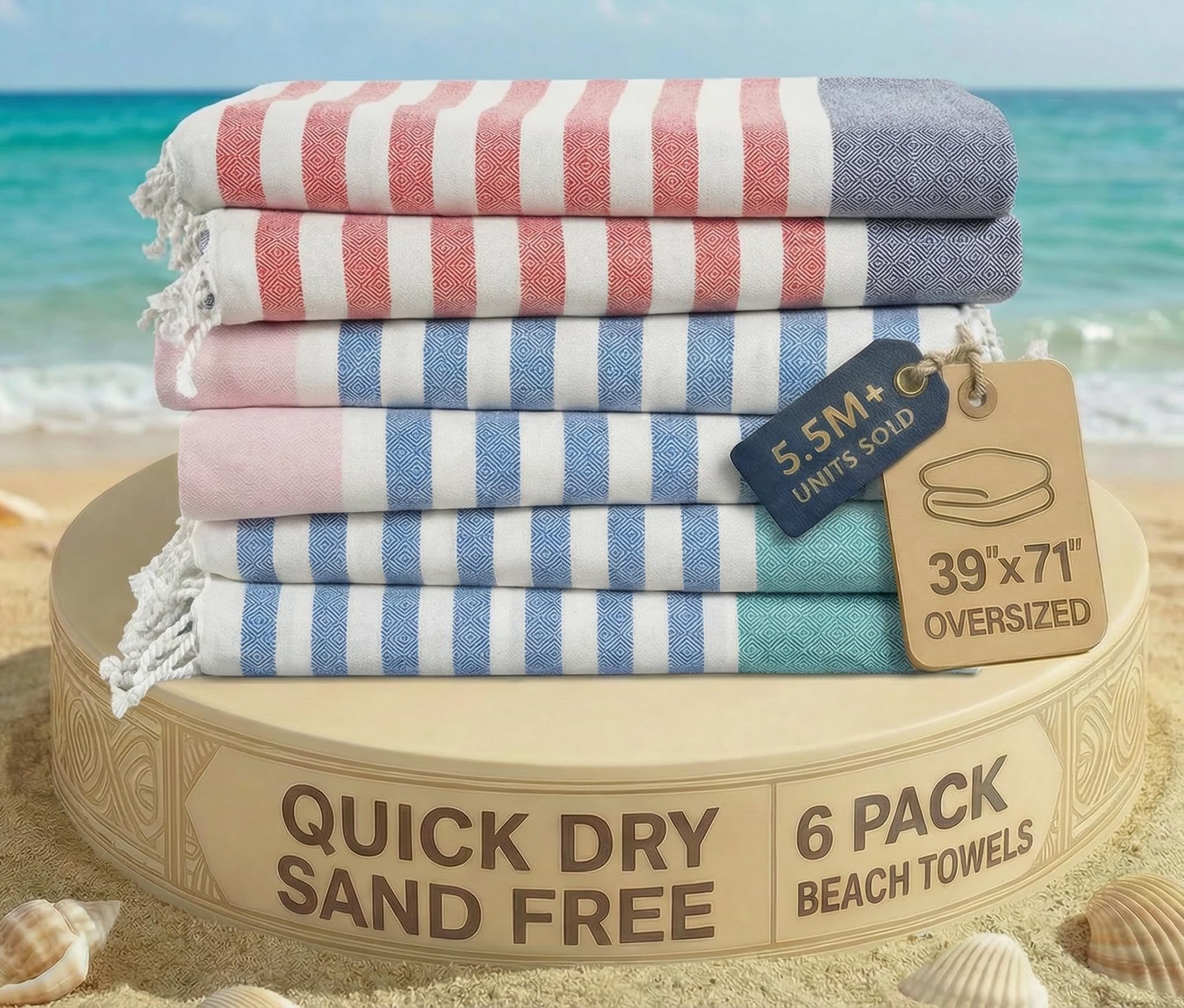 LANE LINEN Beach Towels 6 Pack, Cotton Rich Turkish Towels Oversized, Pool Towels For Adults, Pre-Washed, Sand Free Towel, Fast Drying Beach Essentials 39"x71" - Multi Stripe