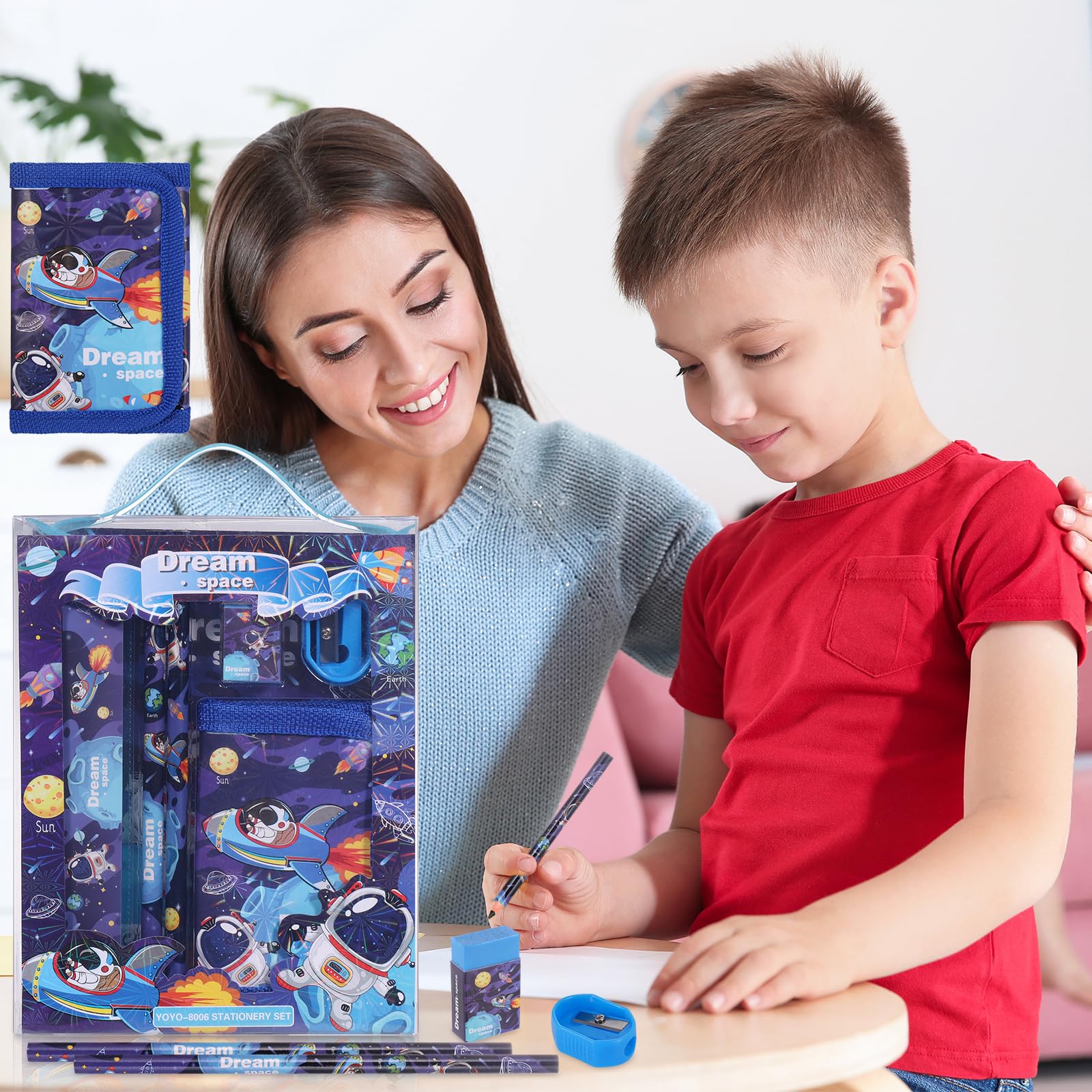 JIANTA Set Cancelleria Astronauta, Set Cancelleria per la Scuola che include 2 Matite, Portamonete, Righello, Gomma e Temperamatite, Regali di Compleanno Astronauta per Ragazze e Ragazzi