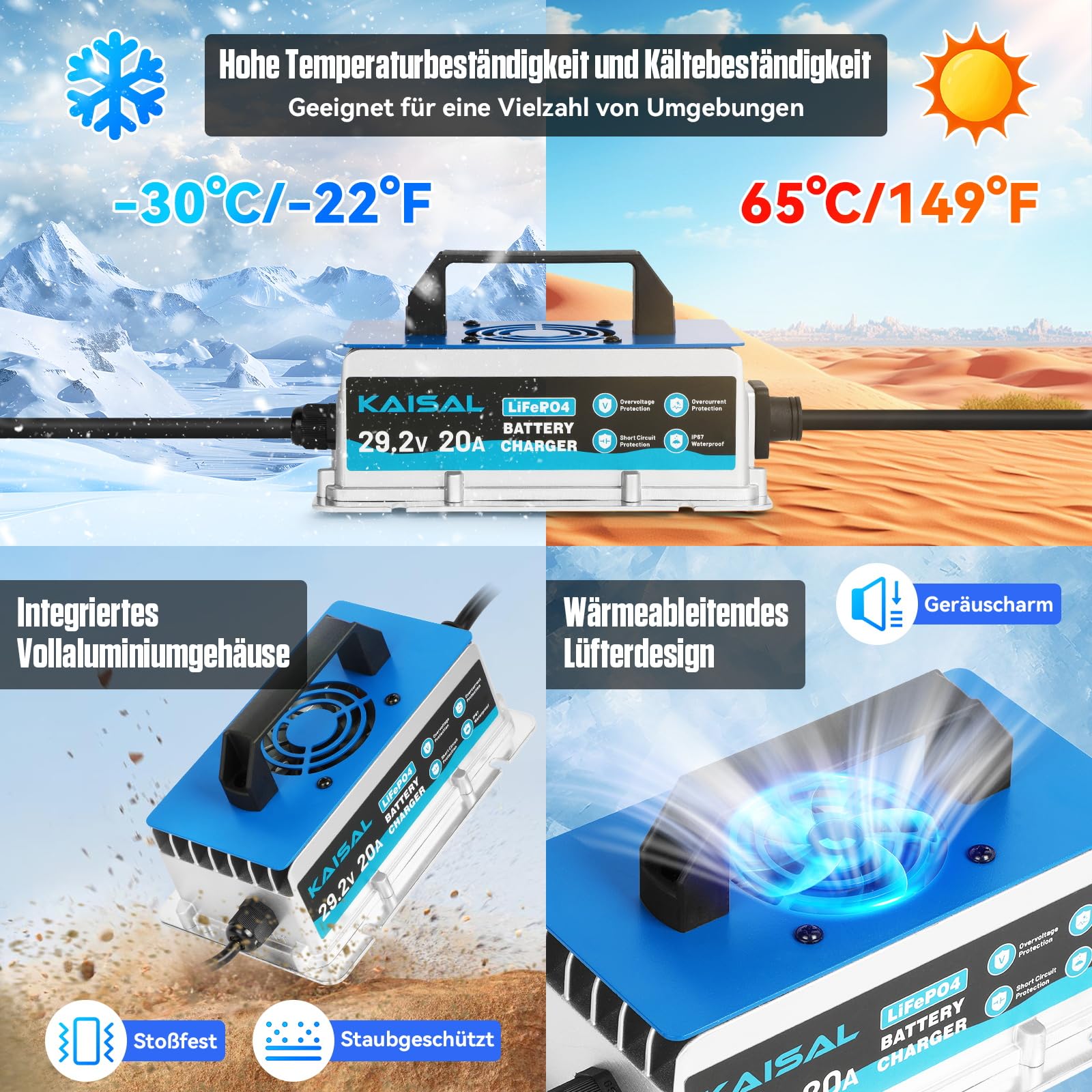 KAISAL 29.2V 20A LiFePO4 Ladegerät, LiFePO4 Batterieladegerät | für 24V/25.6V Lithiumbatterie, 0V Aktiviert, IP67 Wasserdicht, 24V Lithium Batterie Ladegerät für Wohnmobil, Boot, Solar