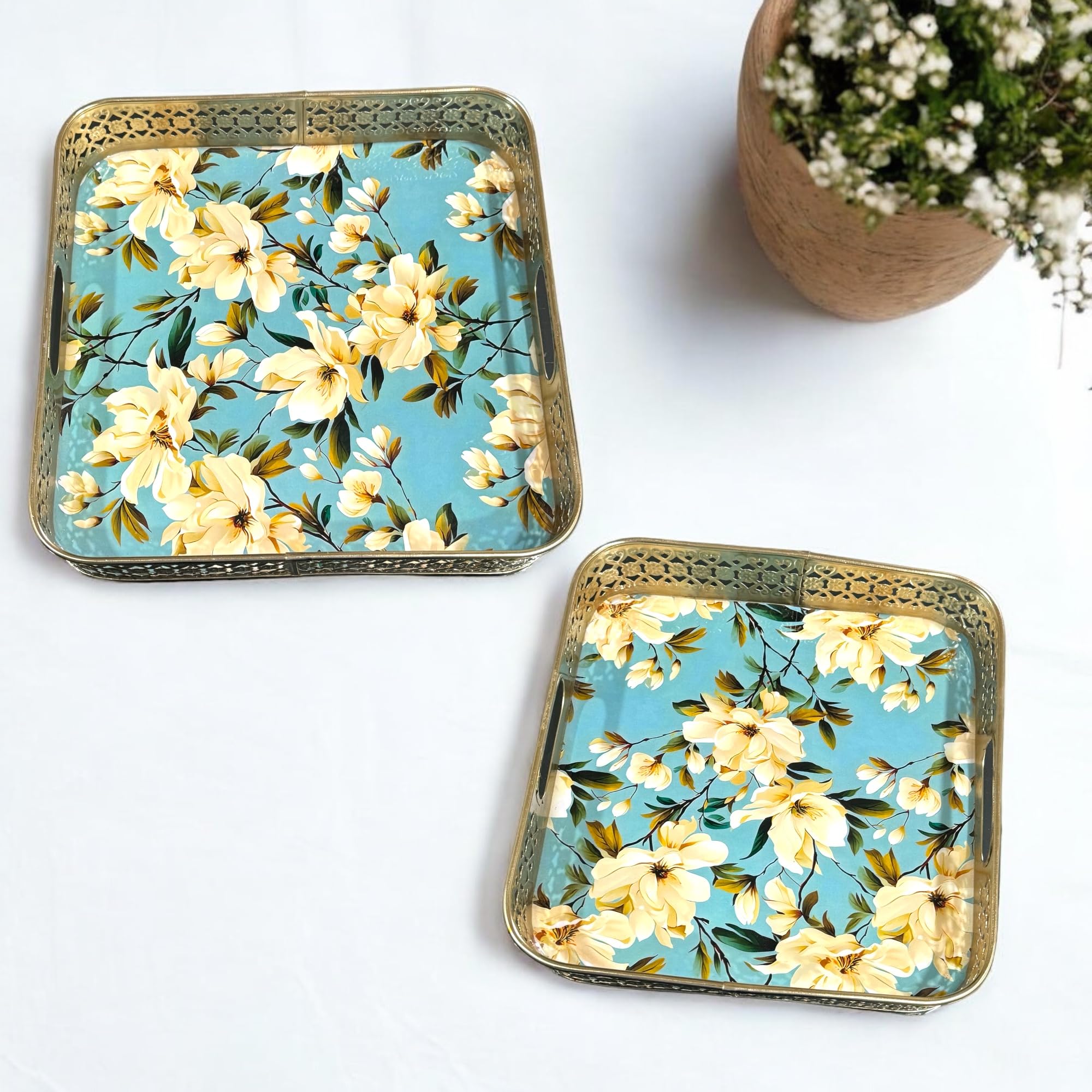 Modern Decorative Gold Serving Trays - Set of 2 | Electroplated Gold Serving Trays | Serving Trays for Kitchen and Dining | Floral Trays (B0DCK5L8XL) Amazon Price History, Amazon Price Tracker