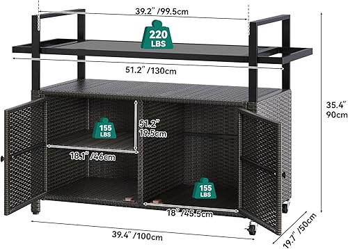 Miniatura 6 de YITAHOME Gabinete de almacenamiento para exteriores XL, carrito de almacenamiento al aire libre con ruedas y mesa de cristal negro para patio,