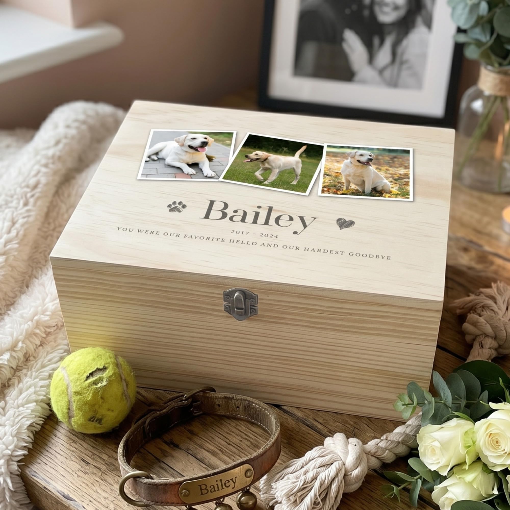 Scatola commemorativa per animali domestici, in legno, con tre foto, personalizzabile con nome, date e dedica, regalo per la commemorazione di cani o gatti, in legno di pino con cerniere e chiusura in