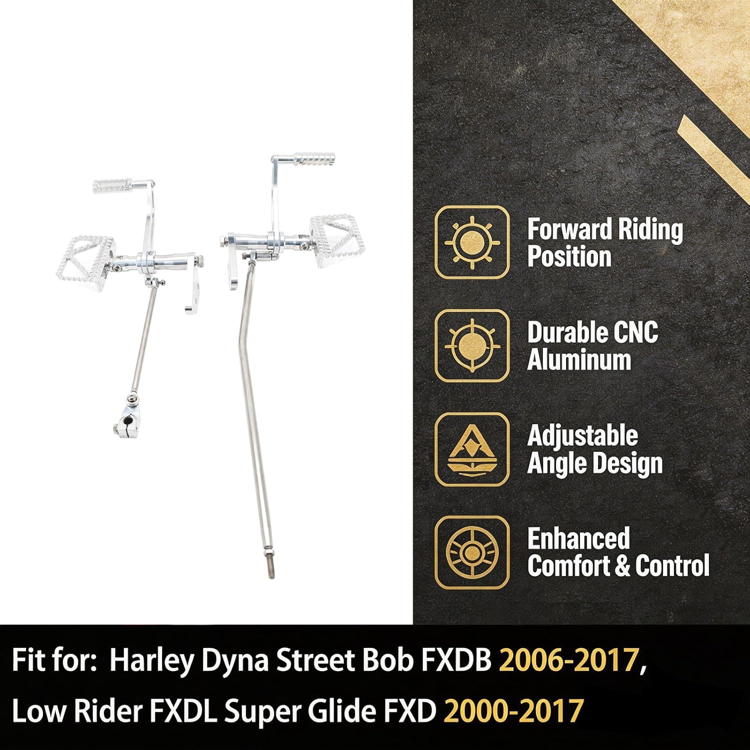 CNC Aluminum Forward Controls with Mx Mini Footboards Complete Kit Footpegs Levers Linkages for Harley Dyna Street Bob 2006-2017, Low Rider Super Glide 2000-2017 Polished Silver