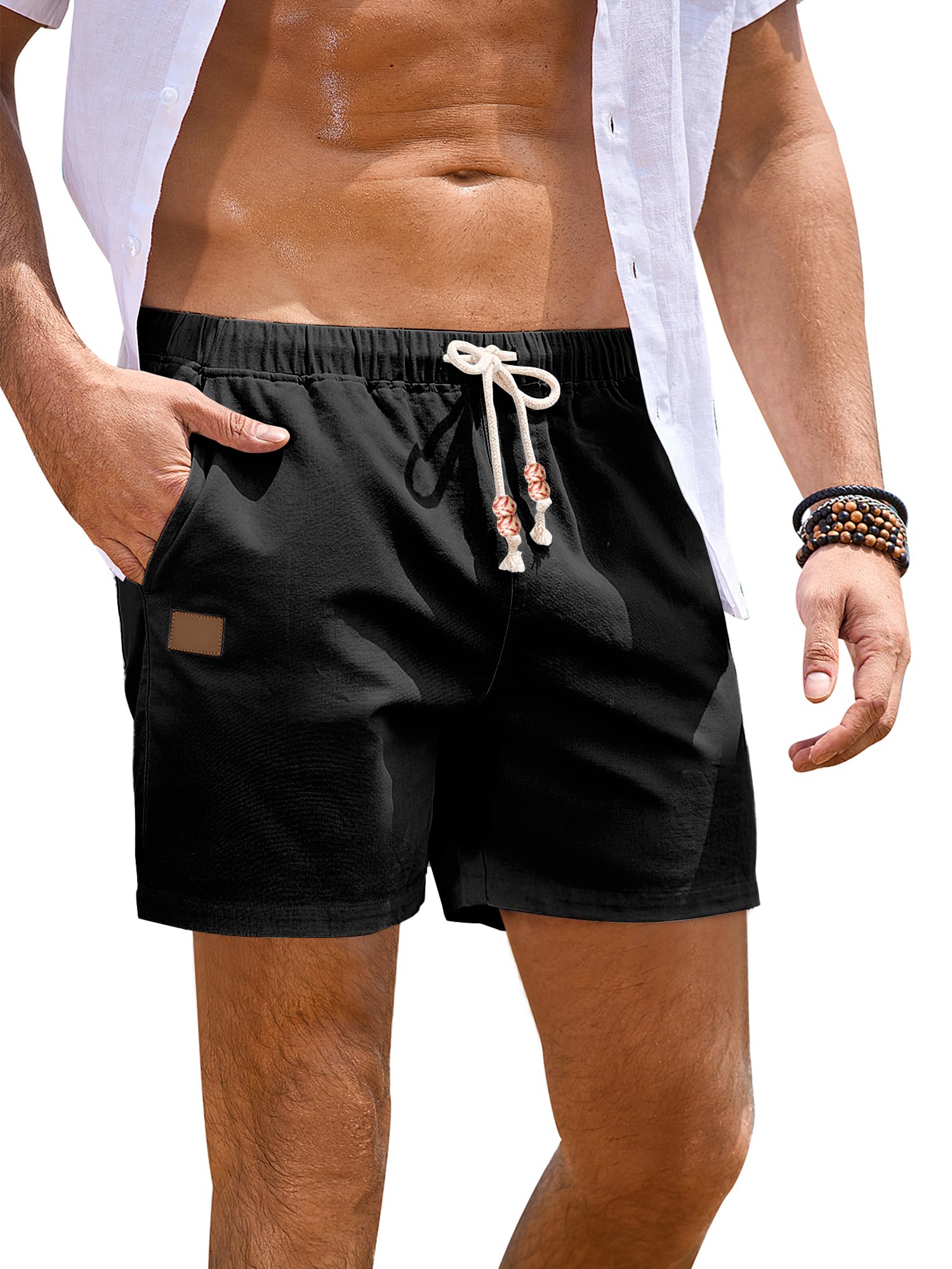 JMIERR Mens Casual 5"/ 7" Cotton Linen Shorts - Elastic Waist Drawstring Summer Beach Shorts with Pockets