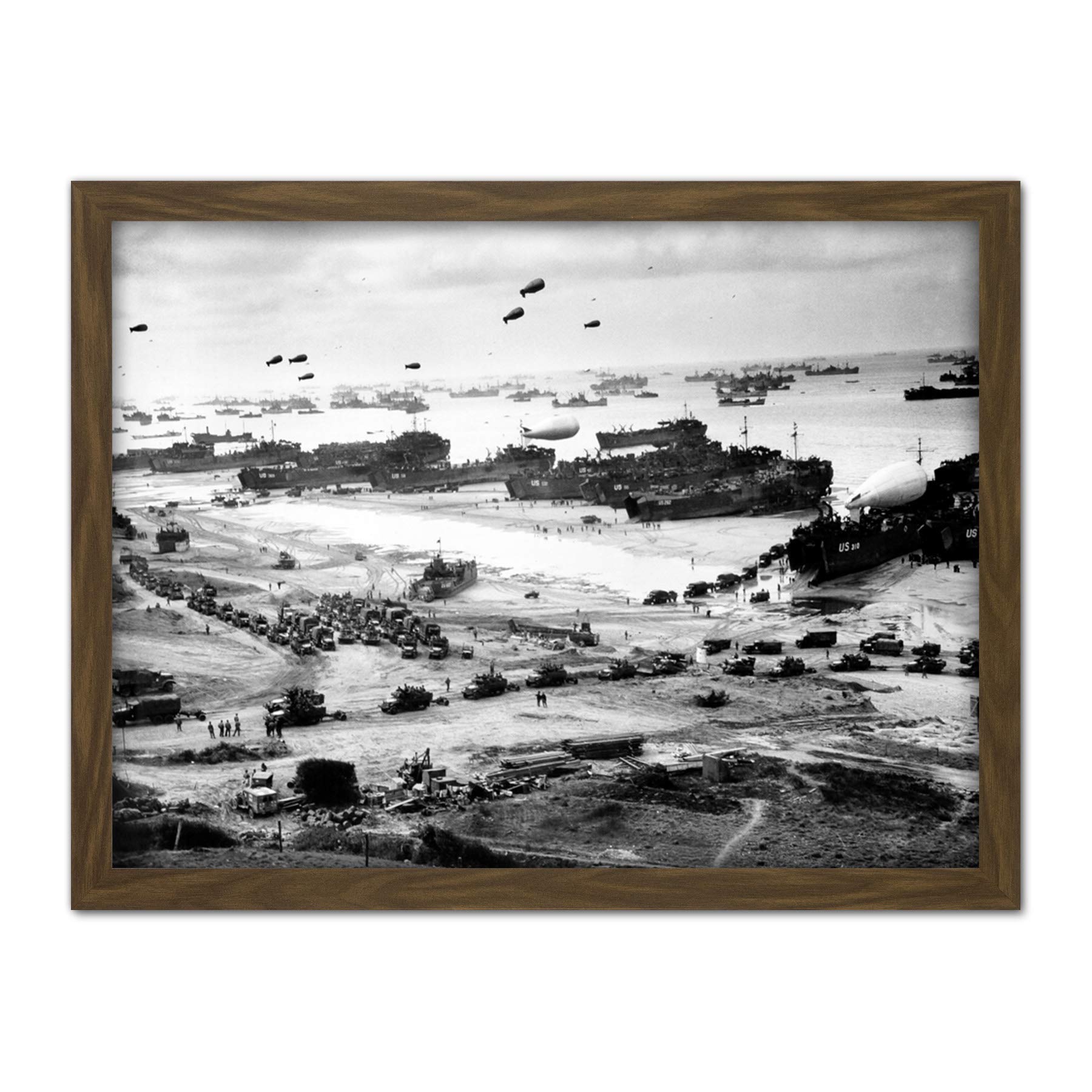 Fine Art Prints Framed Brown 18X24 Wwii War Us Landing Ships Omaha Beach D-Day 1944 Photo Artwork Framed Wall Art Print 18X24 Inch