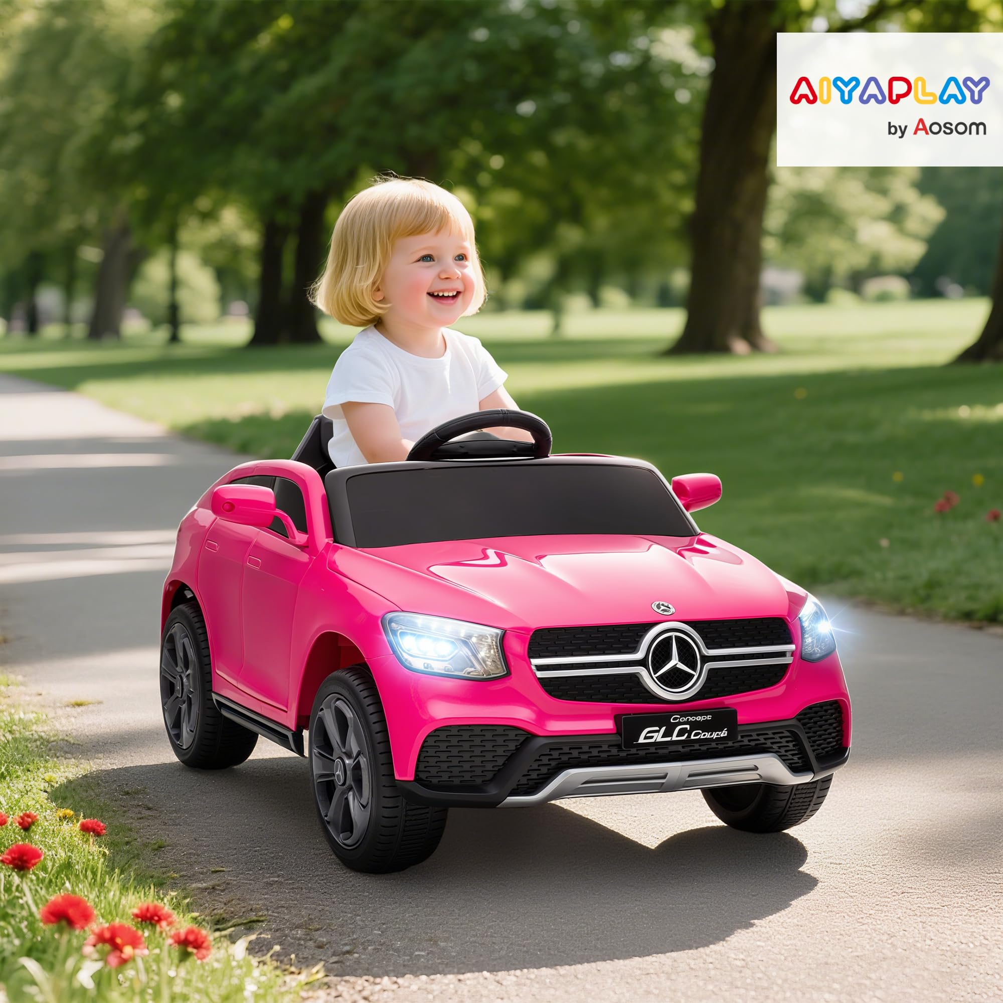 AIYAPLAY Mercedes-Benz GLC Coche Eléctrico 12V 2,4 GHz Mando a Distancia Motor Doble 3-5 km/h 80 Min MP3 Faros LED 3-6 Años Rosa