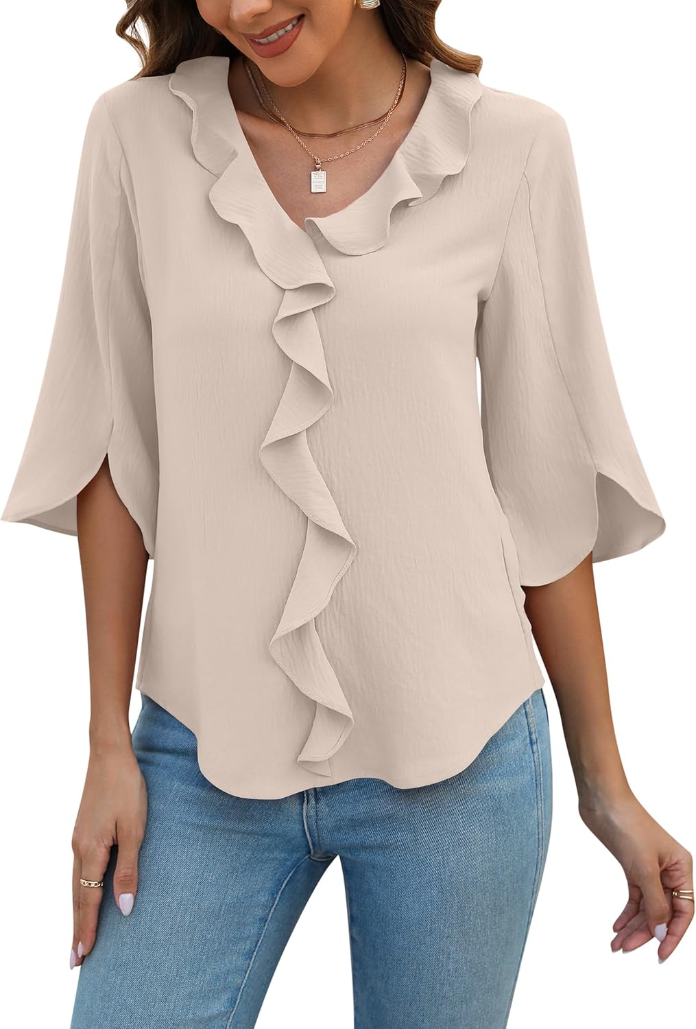 Blooming Jelly Womens Dressy Casual Blouses 3/4 Sleeve V Neck Ruffle Tops Business Ladies Summer 2025 Trendy Work Shirt