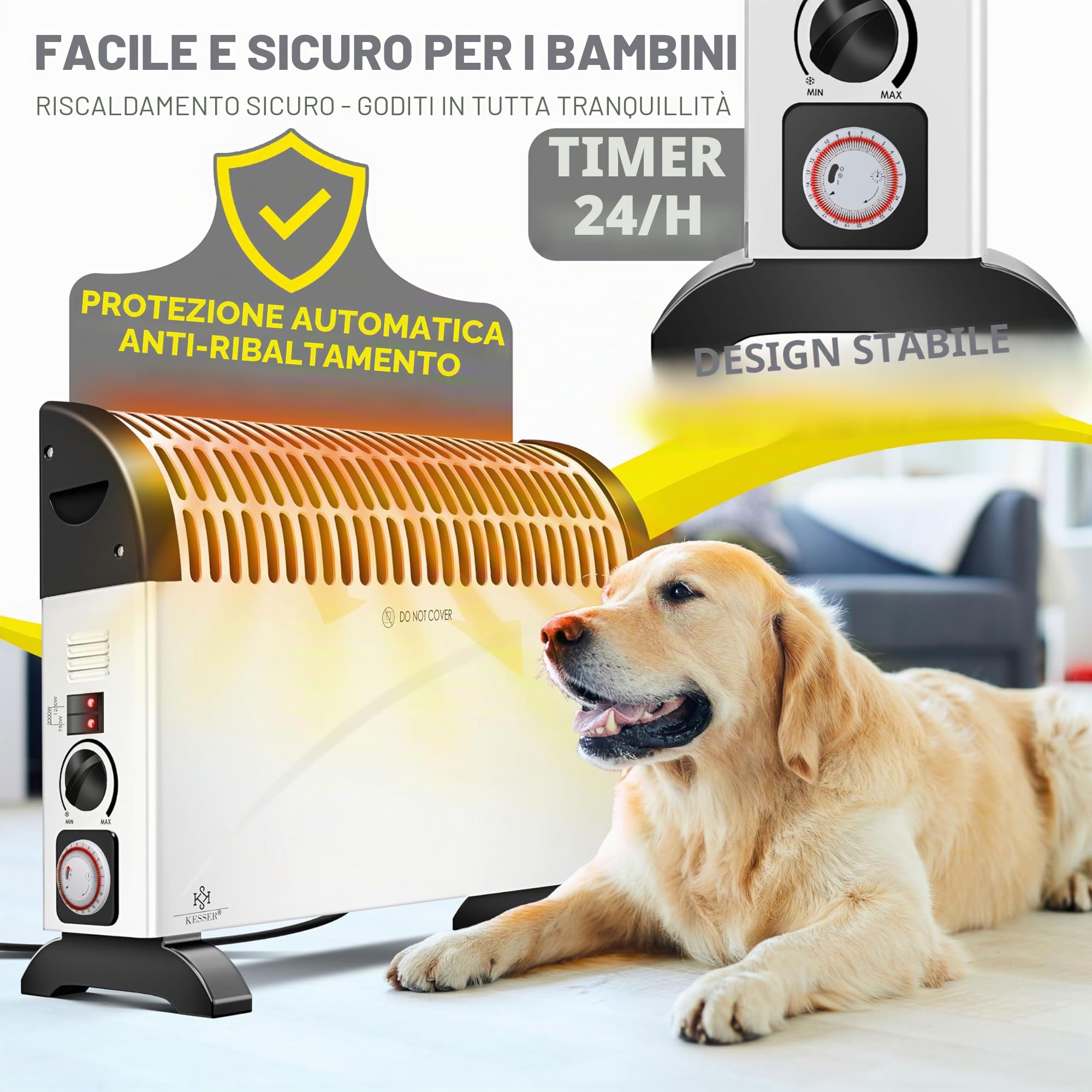 KESSER® Termoconvettore Riscaldatore da 2000 watt, timer 24 ore | controllo termico continuo | Riscaldamento turbo | 3 livelli | Vassoi per il trasporto, bianco
