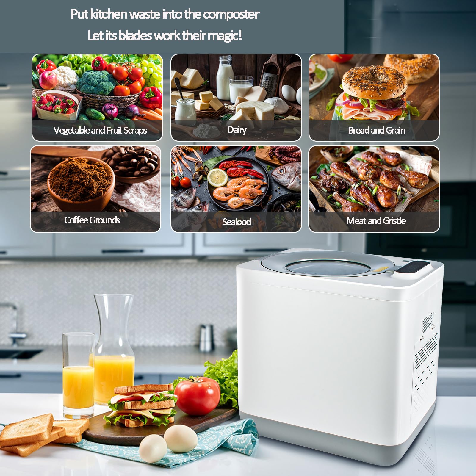 Pattumiera elettrica per compost, 3,8 l, compostiera per rifiuti alimentari con assorbimento degli odori, asciugatura rapida e macinazione, ciclatore alimentare inodore per precompost