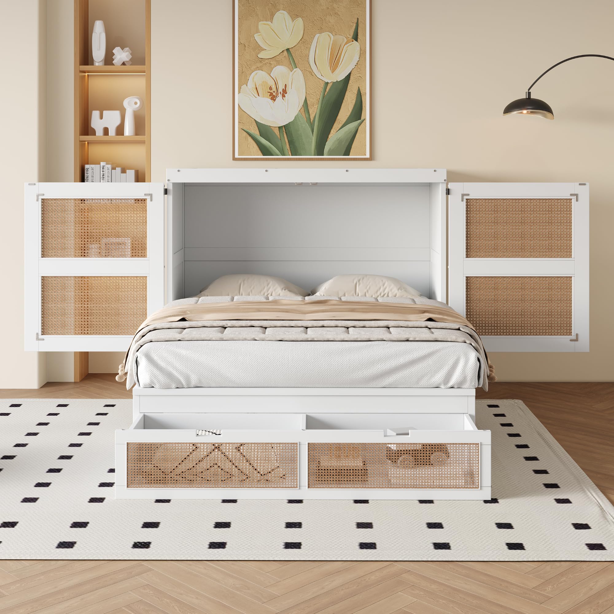 Cama Abatible 140x200 cm Camas Juveniles con Cajón de Almacenaje y Somier, Cama Juvenil Camas Matrimoniales, Murphy Bed, Diseño Que Ahorra Espacio, Sin Colchón, Blanco