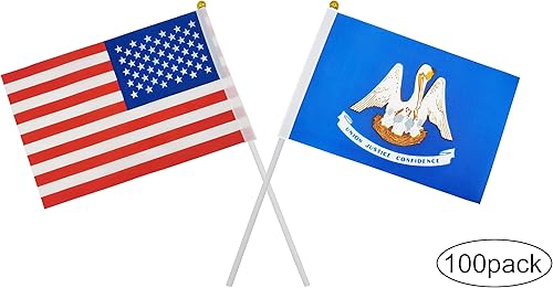 Miniatura 7 de Paquete de 50 banderas estadounidenses y 50 unidades de bandera del estado de Luisiana, mini bandera de mano pequeña, suministros de decoración de