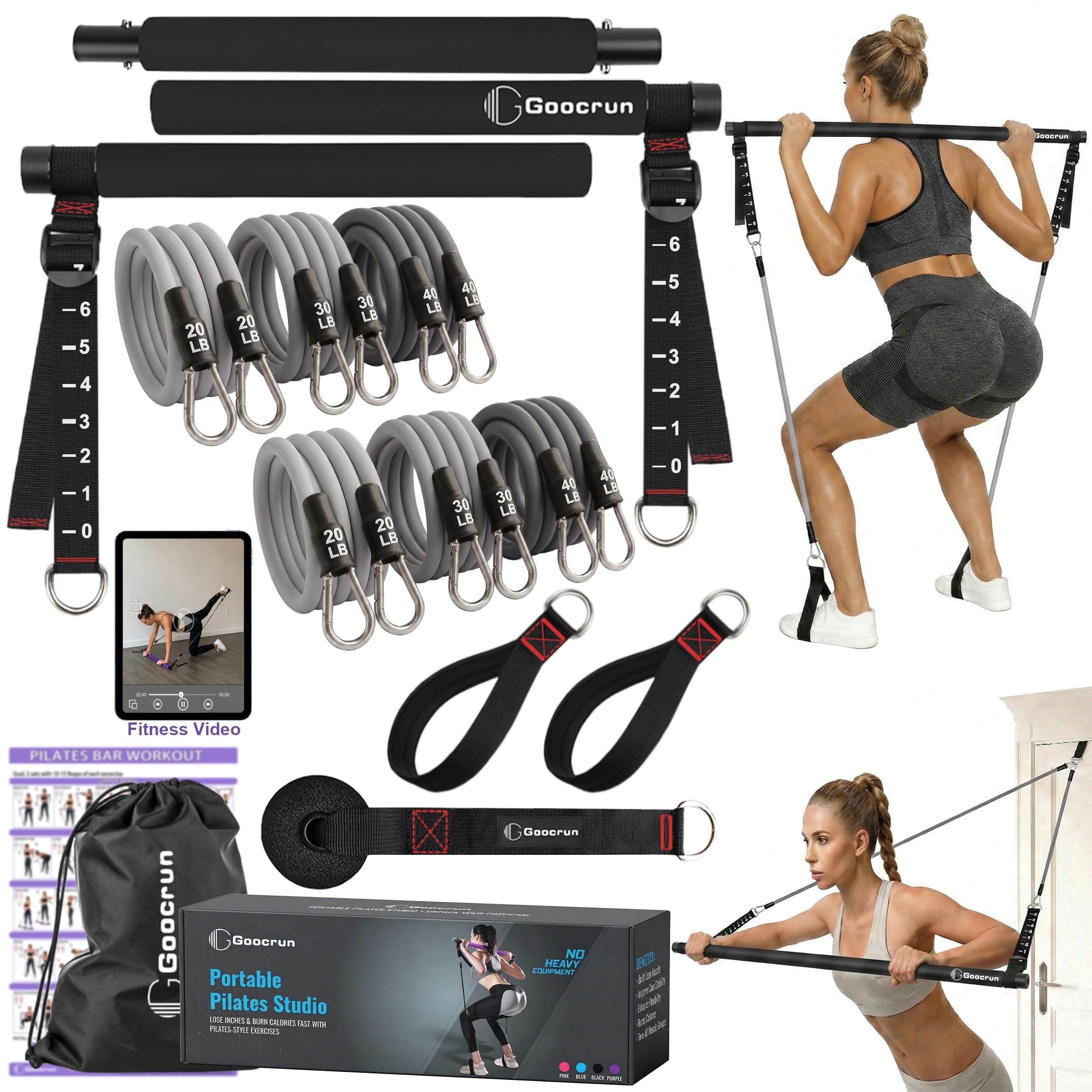 Goocrun Pilates Bar Kit with Resistance Bands for Men and Women - 3 Set Exercise Resistance Bands - Portable Multifunctional Home Gym - Supports Full-Body Workouts – with Fitness Poster and Video