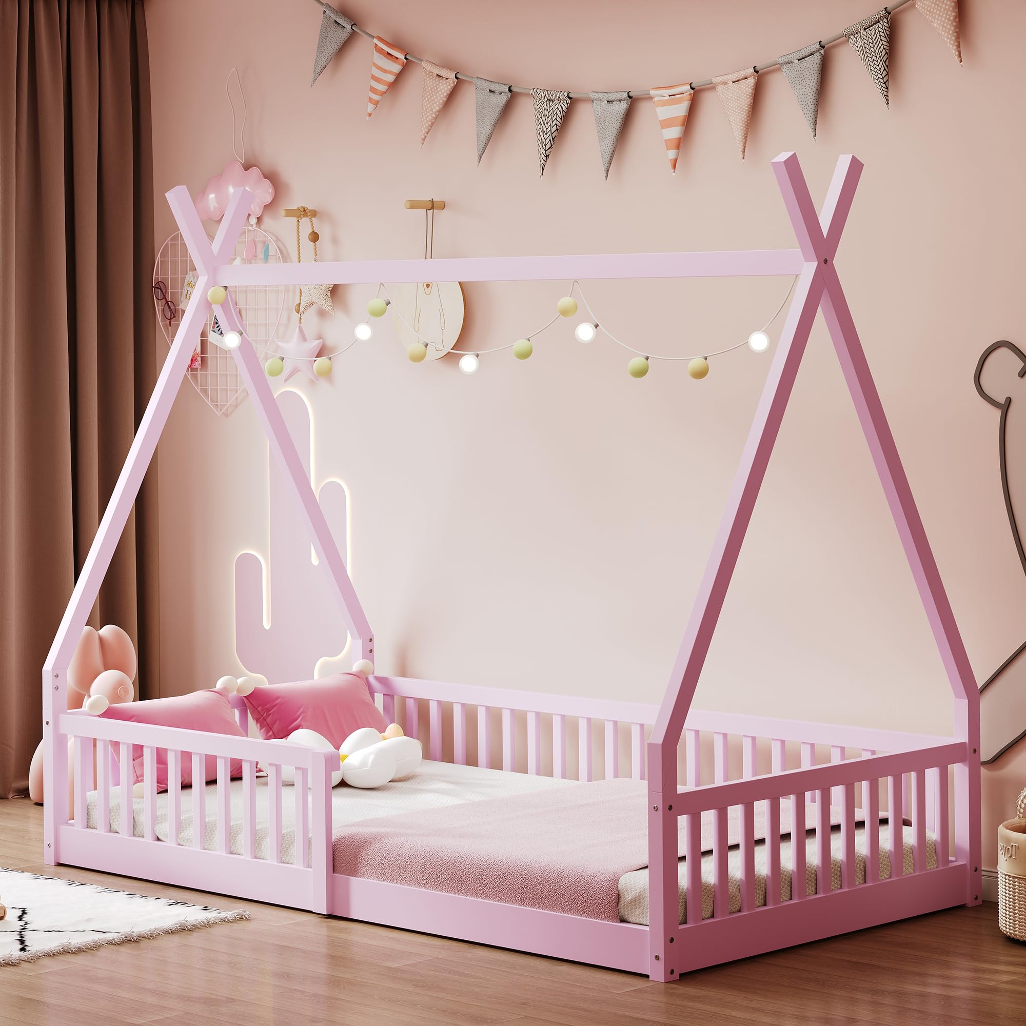Twin Size House Platform Frames Bed Floor Bed with Fence for Boys or Girls, No Box Spring Needed(Slats Kit Included), Pink