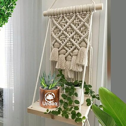 Urooz Macram? Wooden Wall Hanging Shelf |988| Modern Chic Woven Macrame Tapestries, Wall Art Home Decor for Apartment, Dorm, Bedroom, Living Room, Nursery, Party Decorations, 10