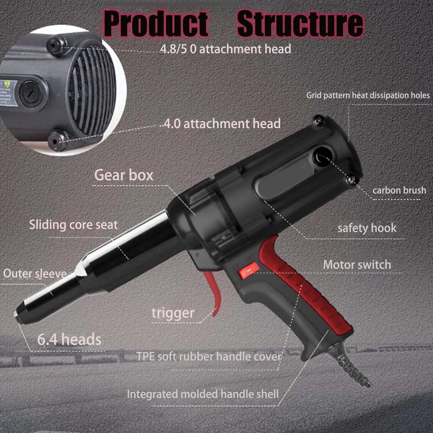 Electric Rivet Riveting Tool, Electric Rivet Tool,4.0m m-6.4m m Portable Rechargeable Blind Tool, for Drill Electrical Nut Riveting