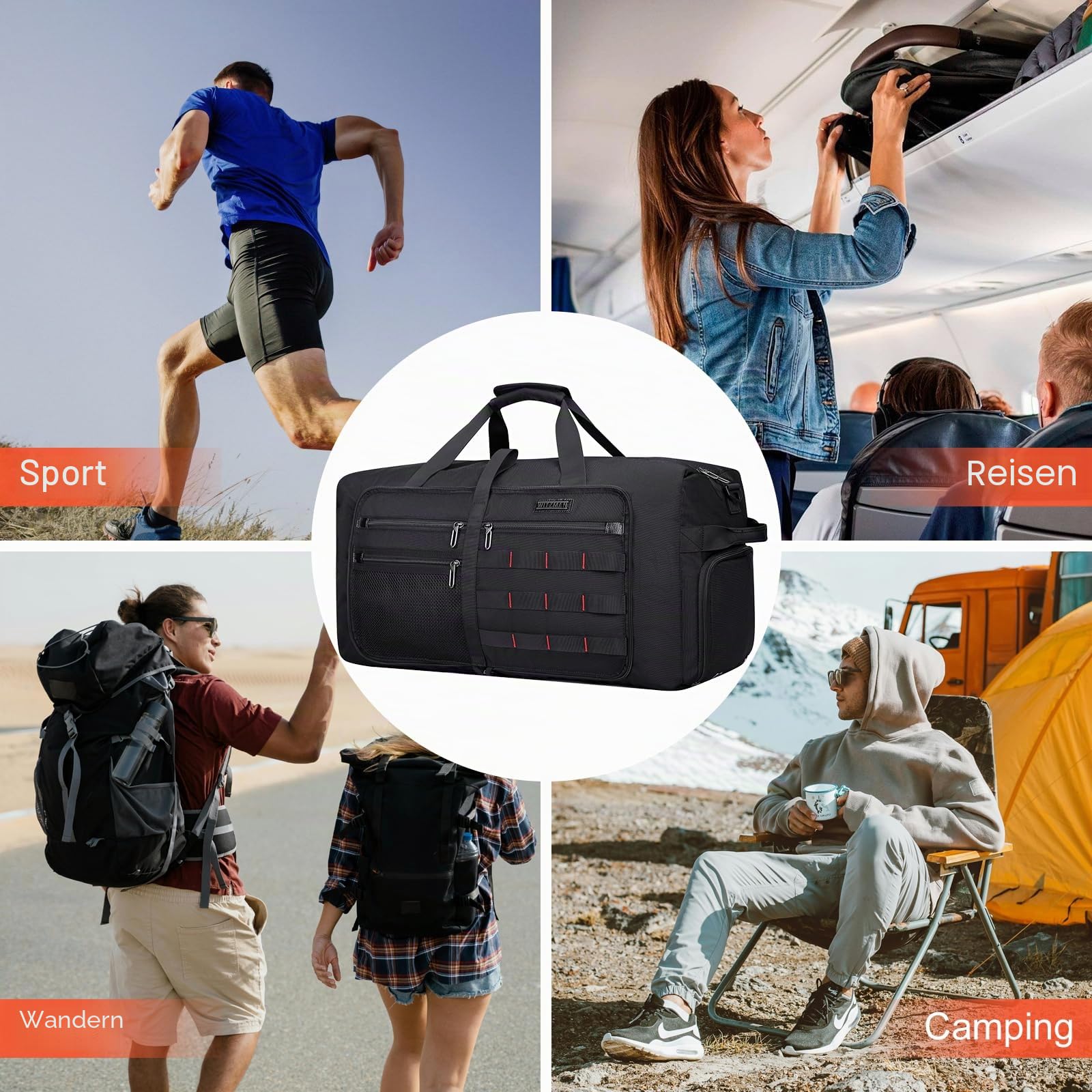 WITZMAN Faltbare Reisetasche Herren 65L Leicht Weekender mit Schuhfach | Nylon, Zusammenfaltbar für Platzsparende Aufbewahrung, Vielseitig für Gym, Wochenend, Sport, Übernachtung, B697 Schwarz