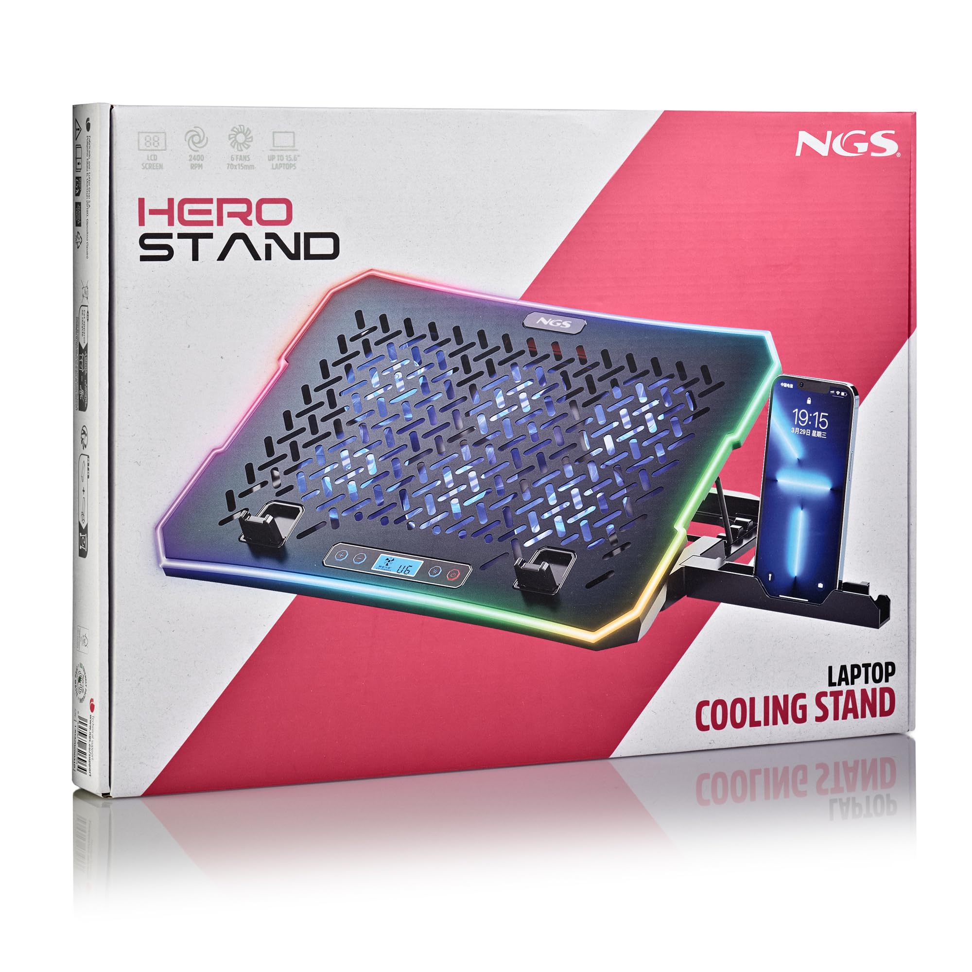 NGS Hero Stand - Base di raffreddamento per laptop, 6 ventole silenziose, RGB, LCD, regolabile, USB, 2400 RPM