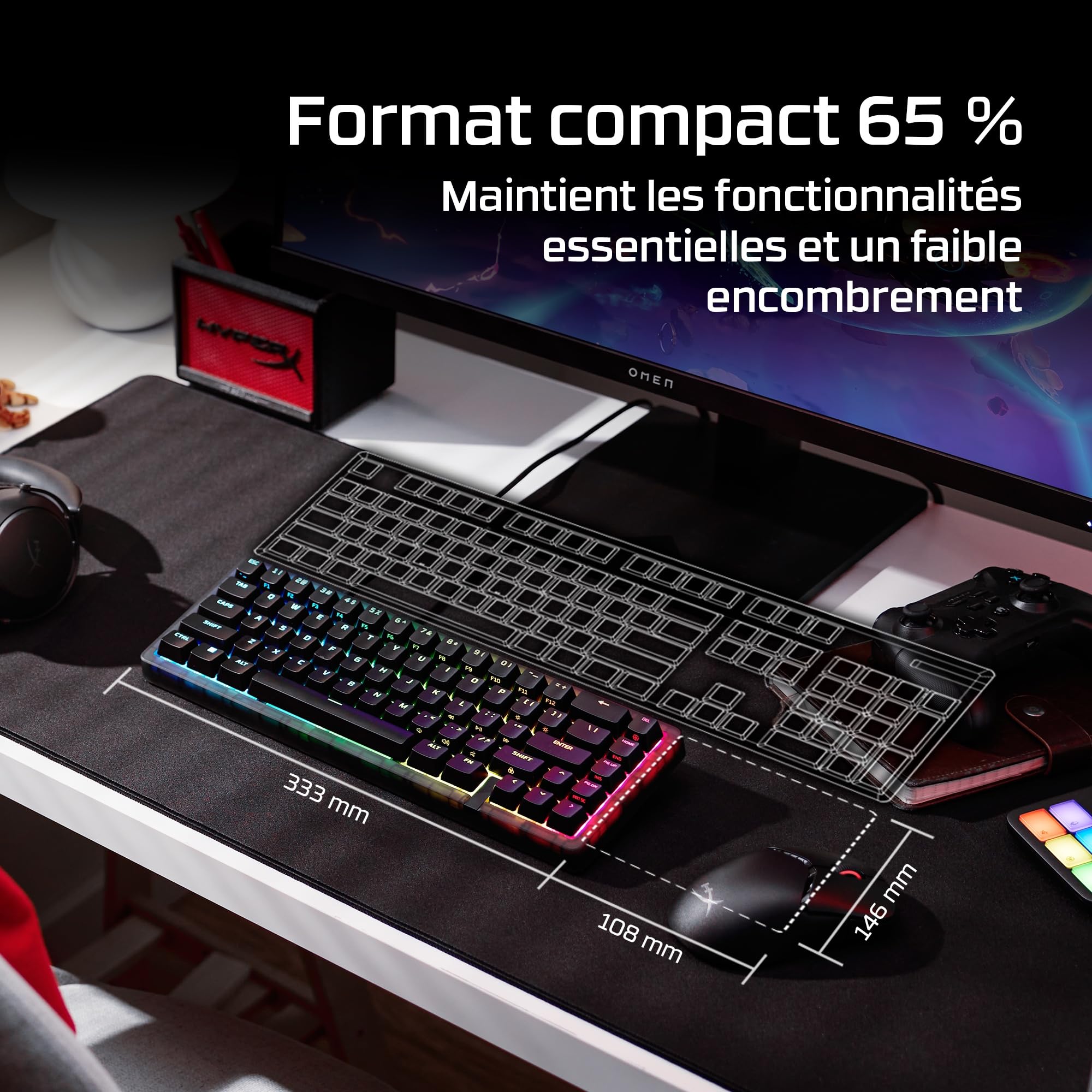 HyperX Origins 2 65, Clavier Gaming mécanique AZERTY FR, switches échangeables à Chaud, boîtier Personnalisable, Format Compact, Polling Rate 8000 Hz, RGB Personnalisable, PC/PS5/Xbox, Noir