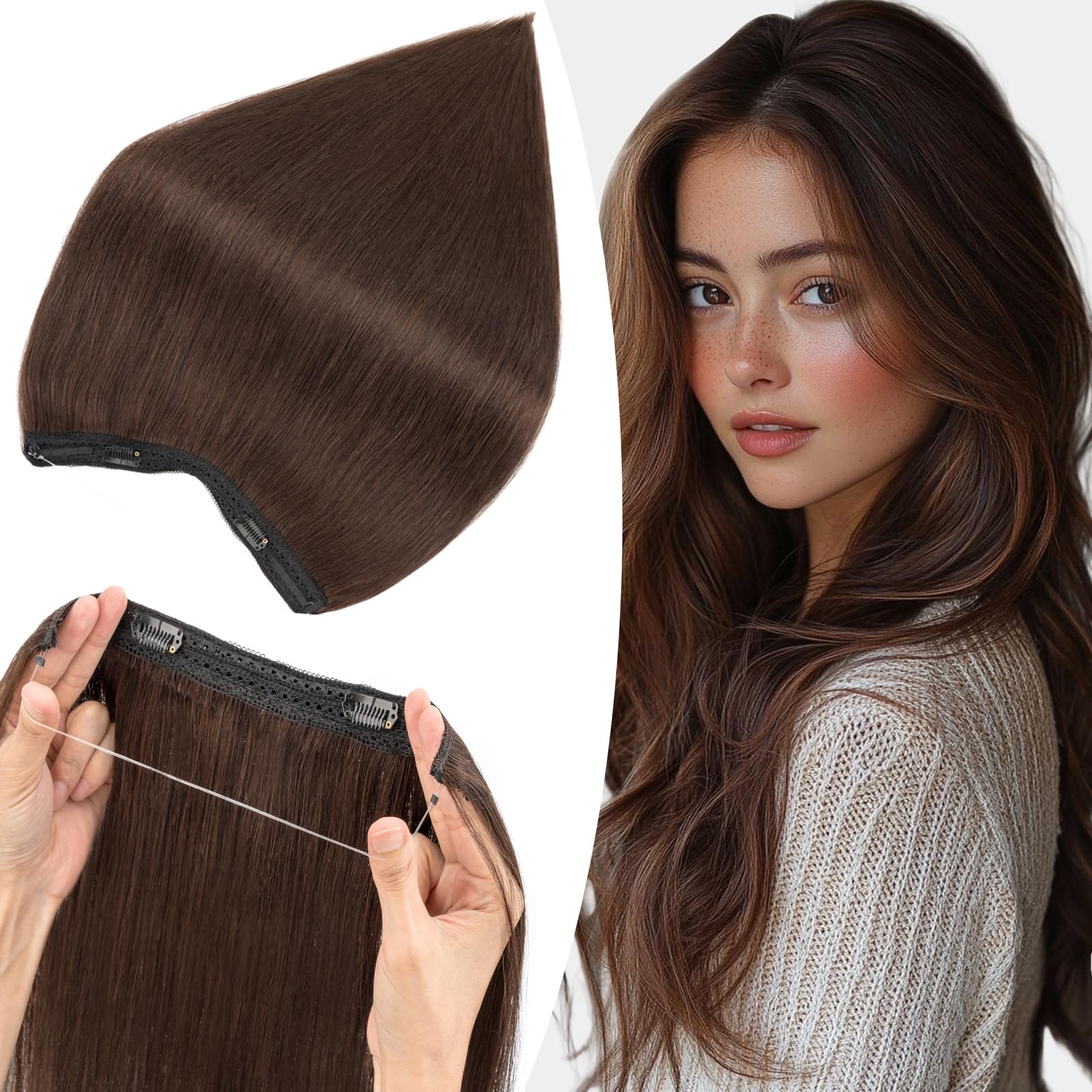 S-noilite Wire Hair Extensions Human Hair Dark Brown Invisible Fish Line Hair Extensions Real Hair One Piece Human Hair Extensions 12 Inch 55g