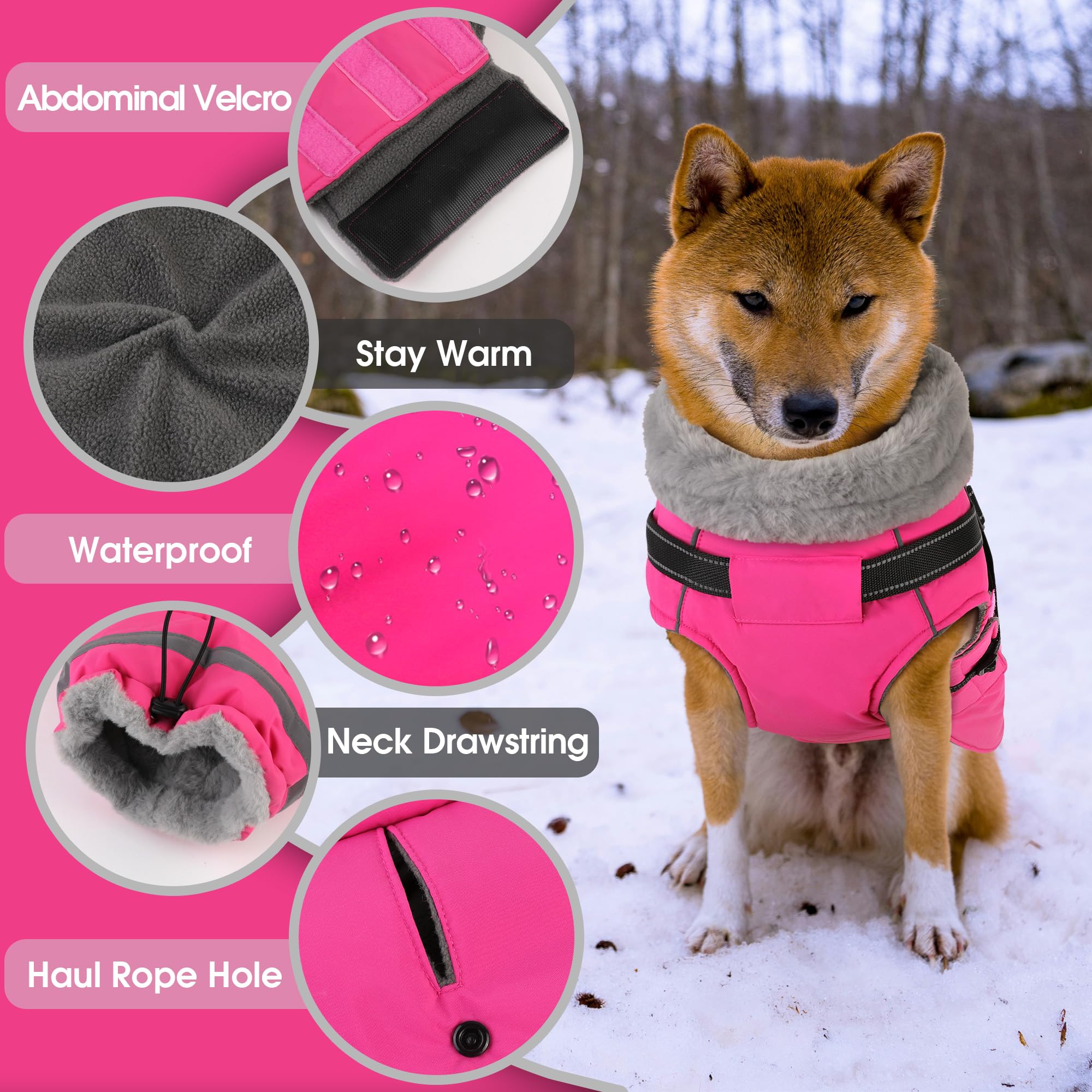 PETDSH - Chaqueta mediana para perro, arnés integrado con forro polar cálido, chaqueta reflectante impermeable para perro, abrigos para mascotas con bolsillo y bolsas de basura (rosa, M)