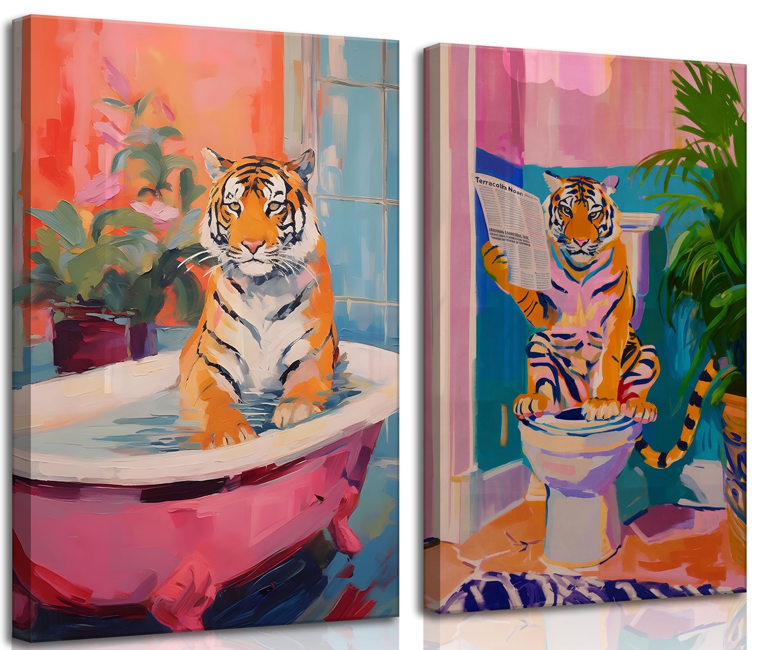 2Pcs Interesting Bathroom Tiger Canvas Wall Art Eclectic Pink Kitsch Aesthetic Animal in Bathtub Painting Picture Wall Decor Fashion Dopamine Poster