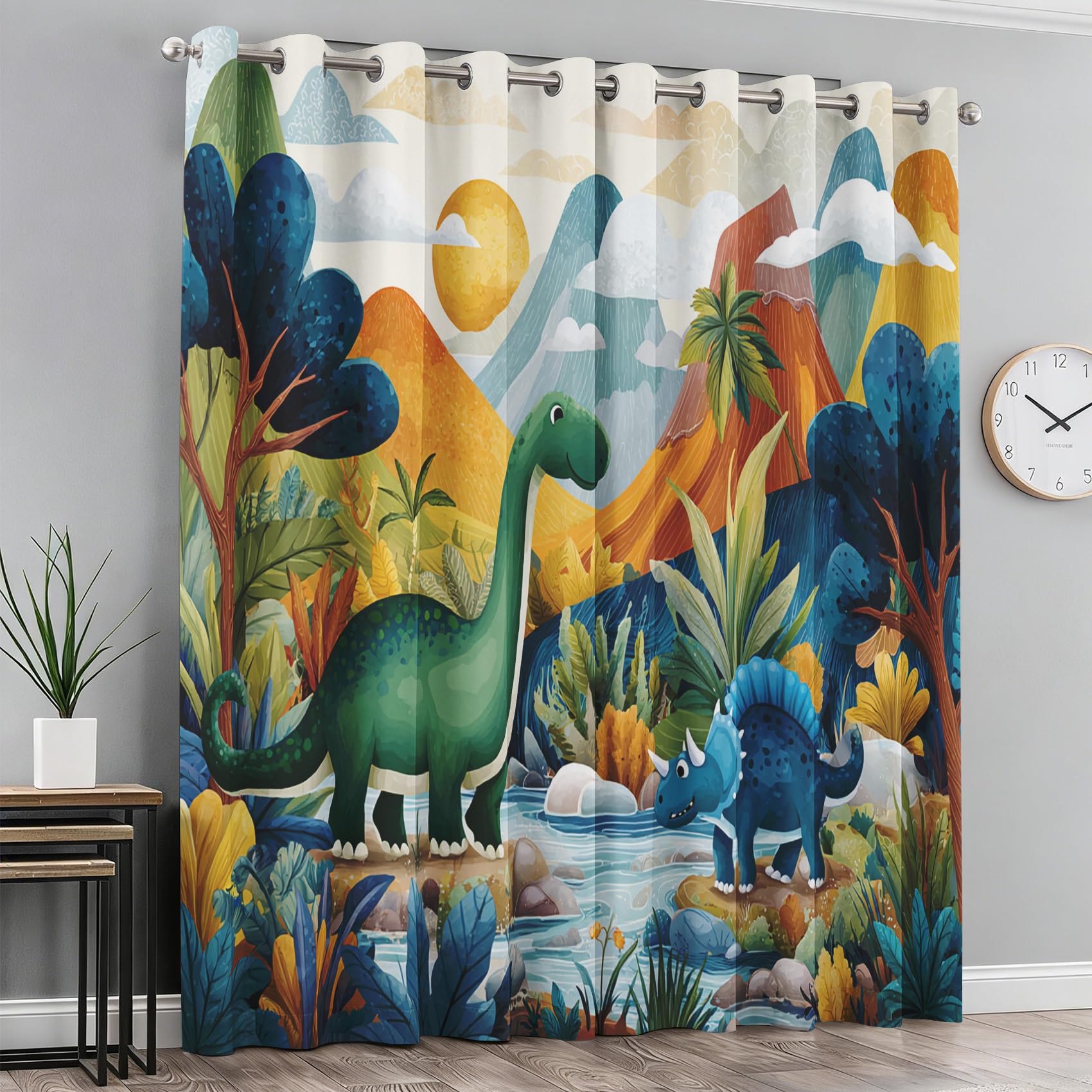 Générique Lot de 2 Rideau Occultant Dinosaure, Rideau Isolant Thermique à Oeillets pour Salon Chambre Cuisine Fenetre, Motif Forêt Adorable Dinosaure Enfants, 140x260 cm (LxH)