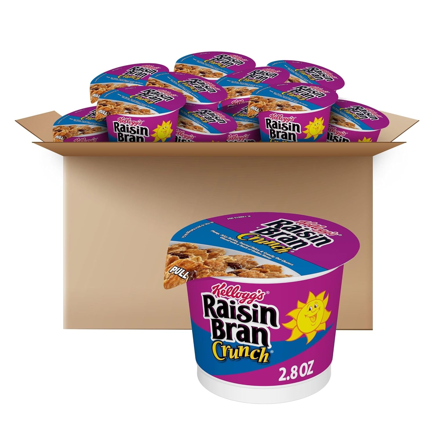 Kellogg’s Raisin Bran Crunch Breakfast Cereal Cups, Fiber Cereal, Made with Real Fruit, Original, 33.6oz Case (12 Cups)
