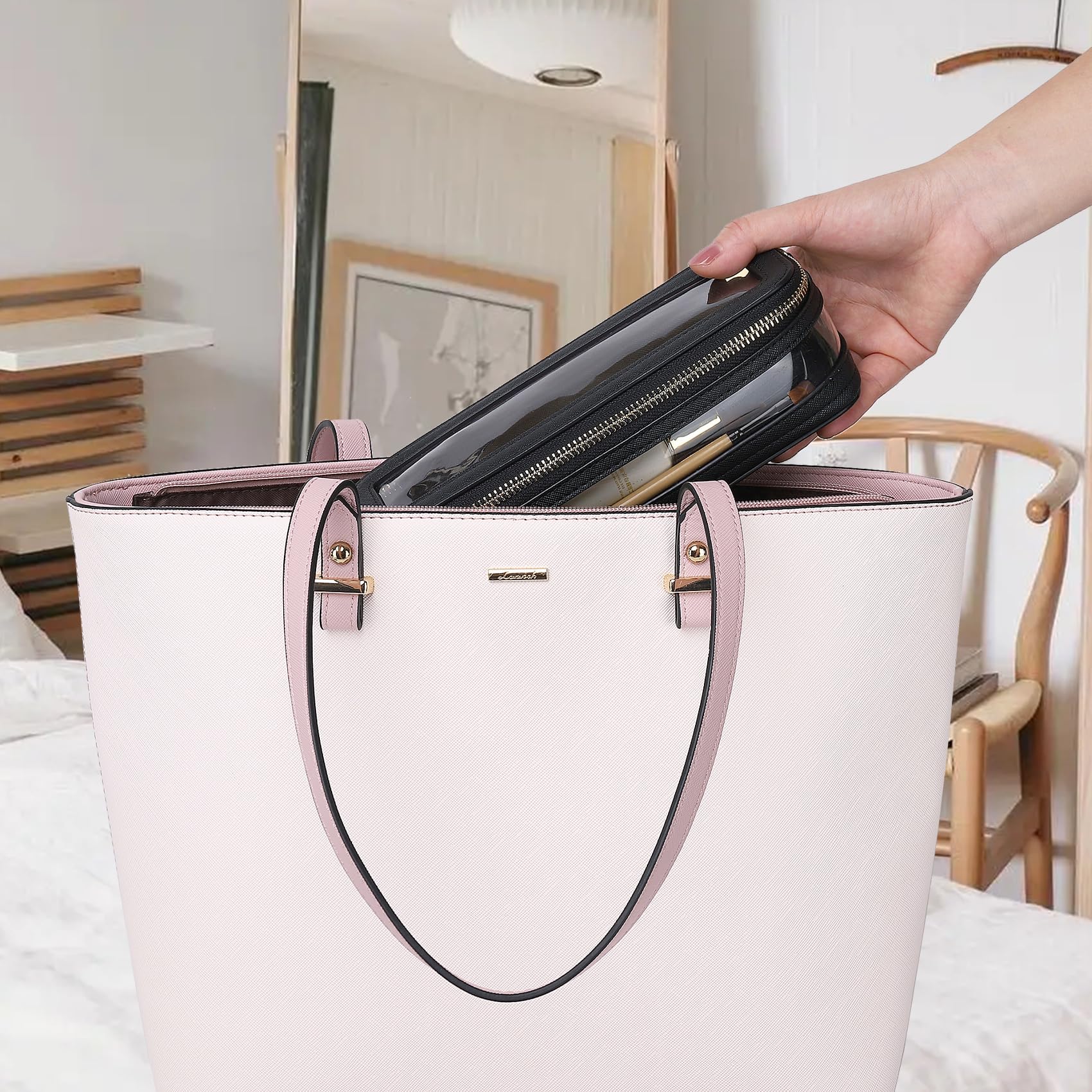 Pinkmik Travel Makeup Bag Set Portable Clear Cosmetic & Toiletry Case Women's Purse Organizer and Car Essentials with Zipper (X/Black, M+SLIM)