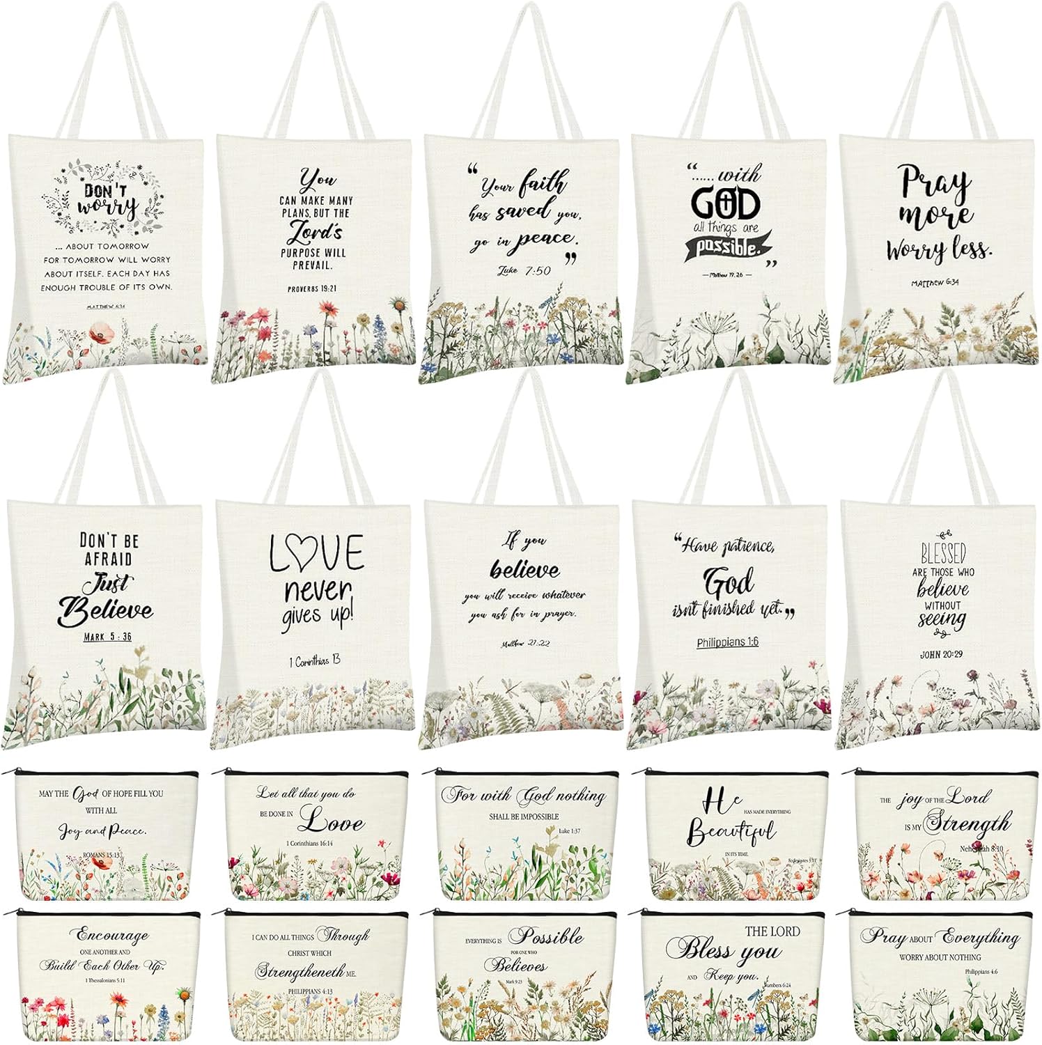 Locmeo 20 Pcs Christian Gift Women 10 Bible Verse Tote Bags 10 Christian Makeup Bags Religious Scripture Gifts for Church(Classic)