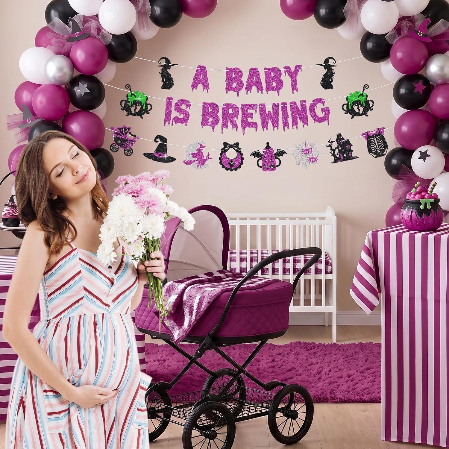 Glitter Baby is Brewing Banner for Halloween Baby Shower Party Decorations image 5