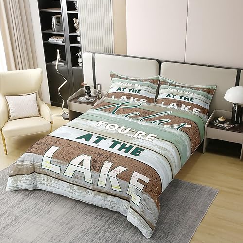 Miniatura 2 de jejeloiu Juego de funda de edredón de 100 % algodón, diseño de reglas del lago, decoración de casa de lago, color verde, tamaño King