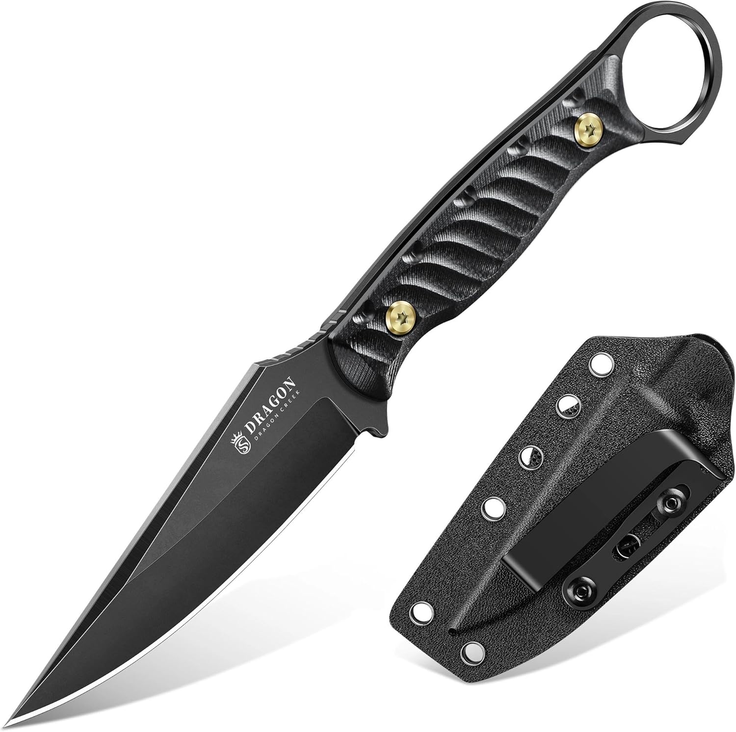 Dragon Creek Fixed Blade Knife - Outdoor Survival Knife with Sheath for Camping Hiking Gift Men Black