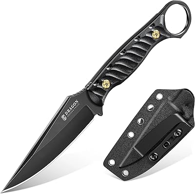 Dragon Creek Feststehendes EDC-Messer, ausgestattet mit Kydex-Scheide und Taschenclip Die einteilige Vollkonstruktion eignet sich für Outdoor, Camping, und Wandern (Schwarz)