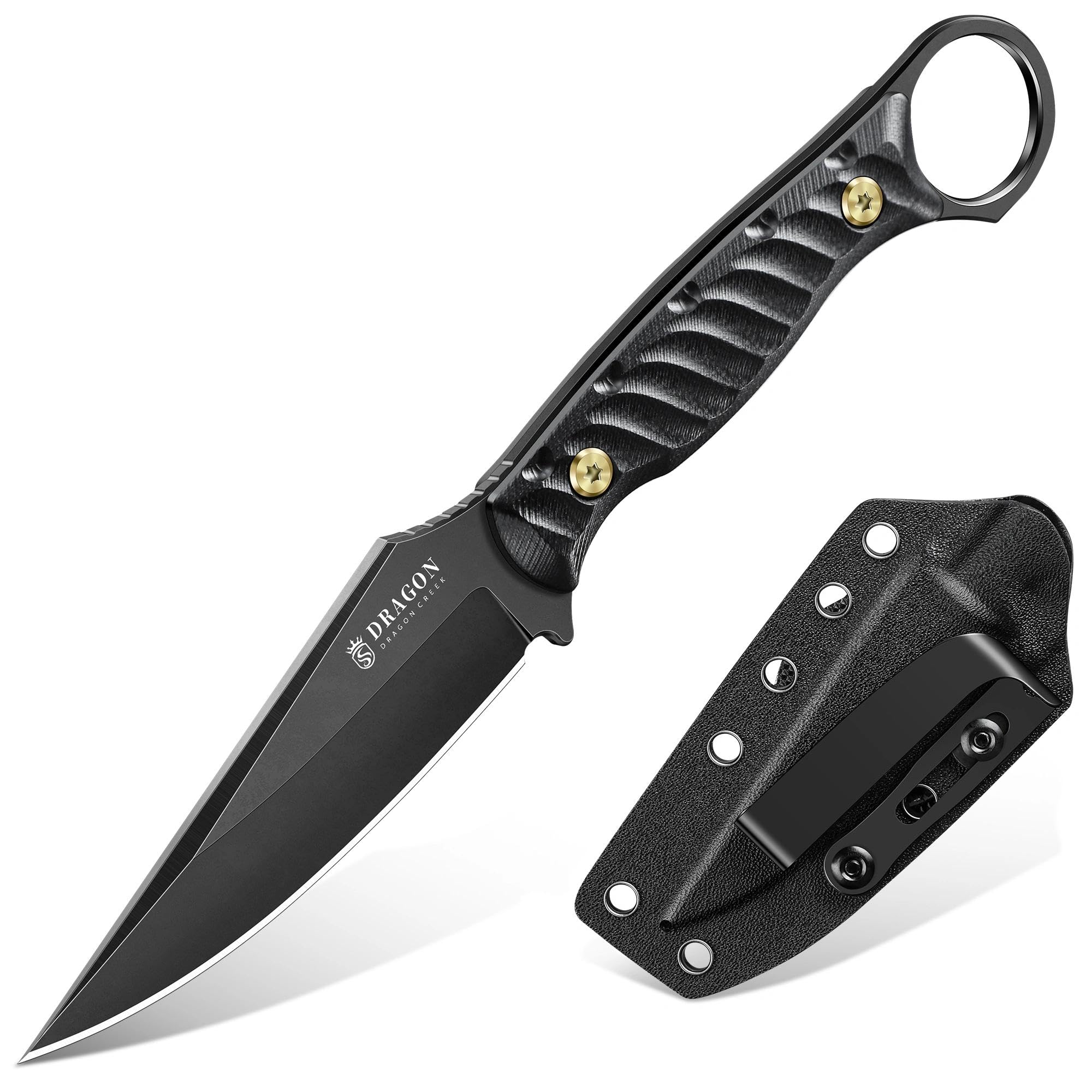 Dragon Creek Feststehendes EDC-Messer, ausgestattet mit Kydex-Scheide und Taschenclip Die einteilige Vollkonstruktion eignet sich für Outdoor, Camping, und Wandern (Schwarz)