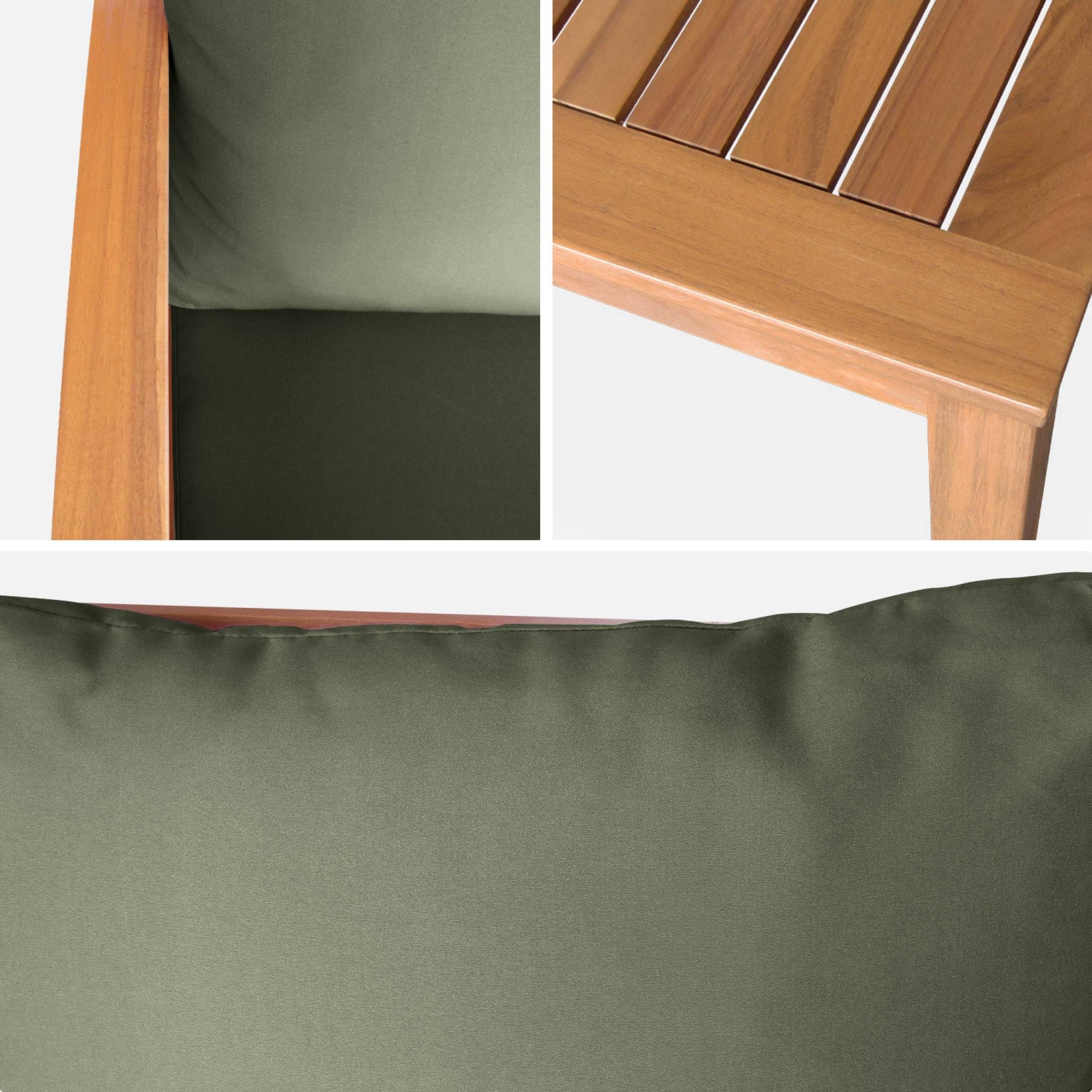 sweeek - Salon de Jardin en Bois 4 Places Coussins Kaki. canapé. fauteuils et Table Basse en Acacia. Design