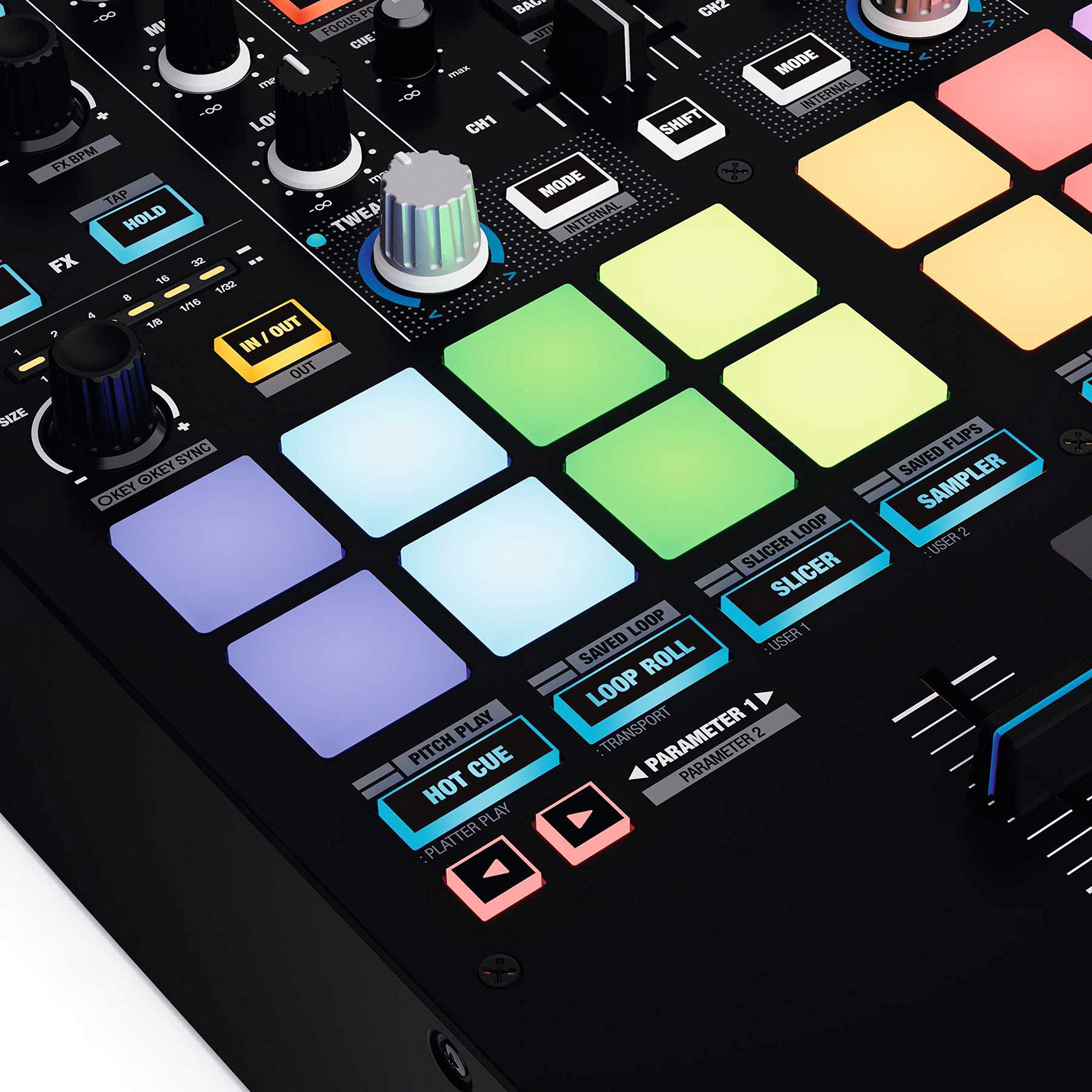 reloop ELITE - Mixer professionale per prestazioni DVS per Serato DJ Pro, Controllo fino a 12 modalità di prestazione per piattaforma, 16 Performance Pad RGB grandi e sensibili alla velocità, Nero