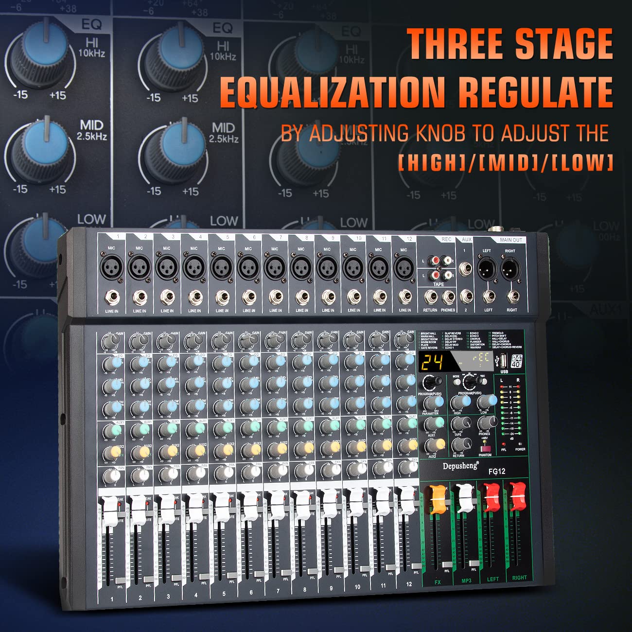 Depusheng FG12 - Mixer audio professionale a 12 canali per la registrazione del computer, interfaccia controller audio, mixer da studio 24 DSP integrato con alimentazione phantom da 48 V,Bluetooth