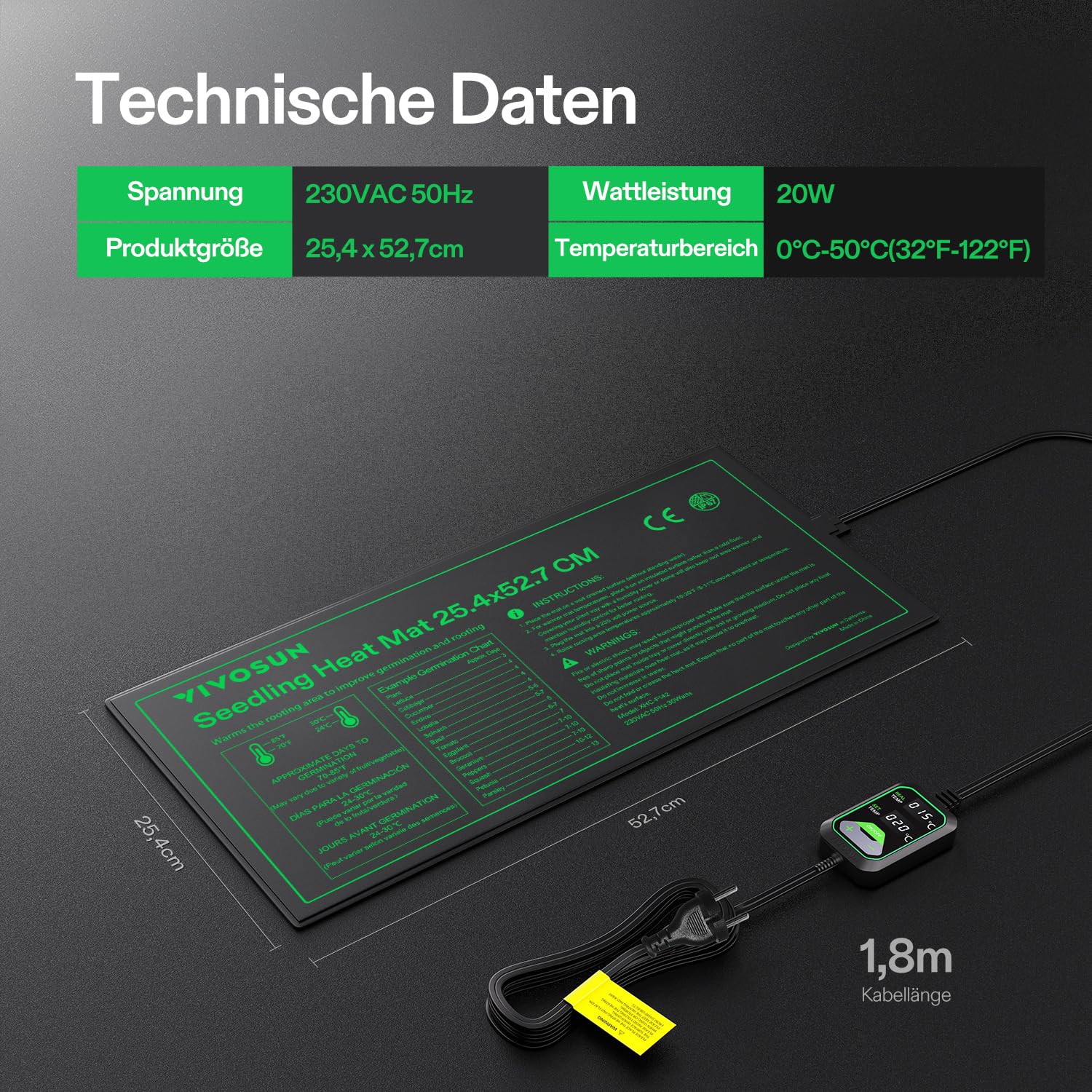 VIVOSUN Heizmatte Pflanzen 25,4x52,7cm mit Temperaturregler, Wasserdichte Pflanzen-Wärmematte UL & MET Zertifiziert, Setzling Heizmatte für Keimung, Hydrokultur, Zucht und Gewächshaus