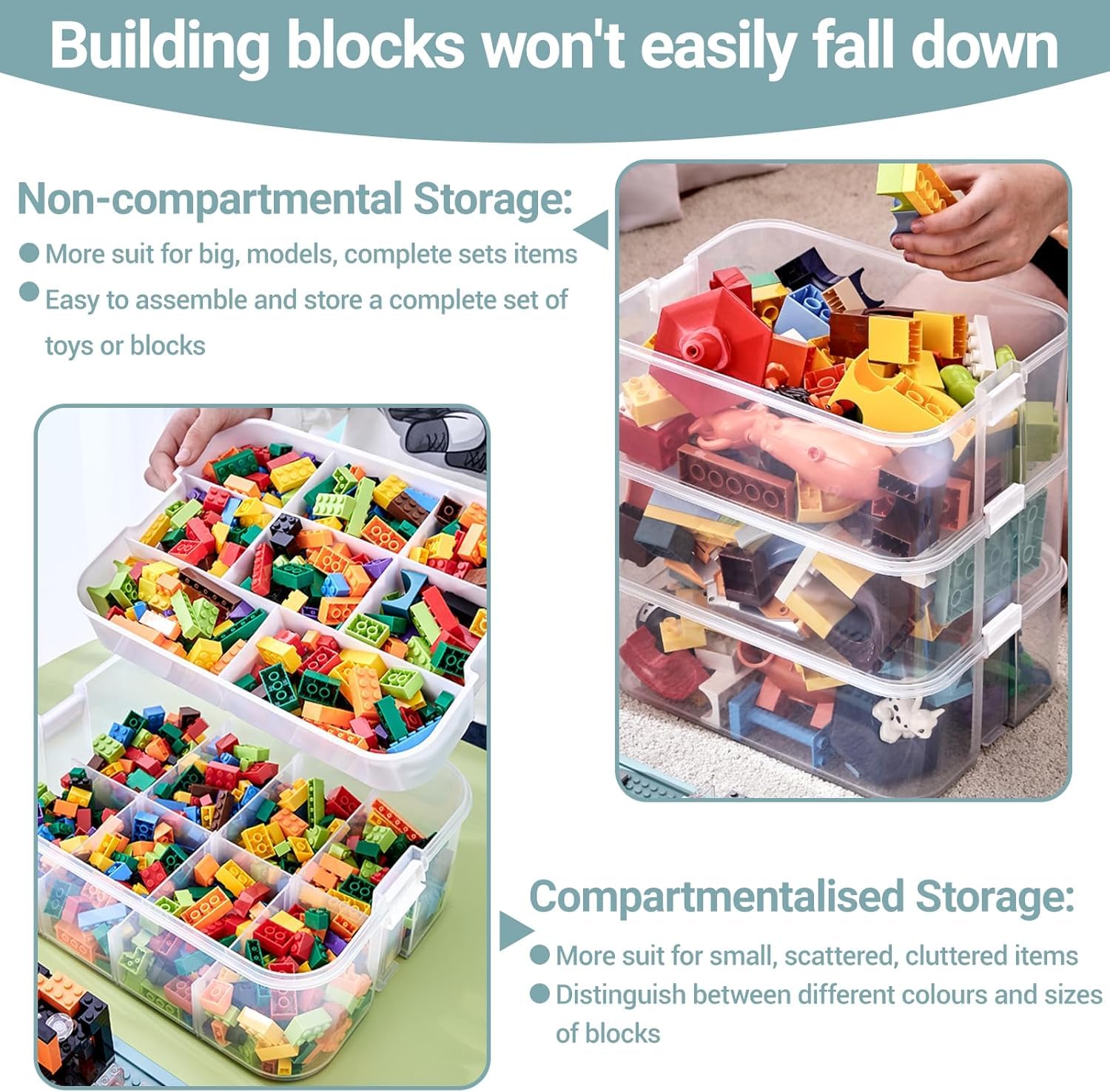Scatole di Plastica per Lego, 3 Strati Trasparenti Scatola Giochi per Bambini con Scomparti,Contenitori Mattoncini Impilabili,per Riporre i Giocattoli dei Bambini (Solo scatola)