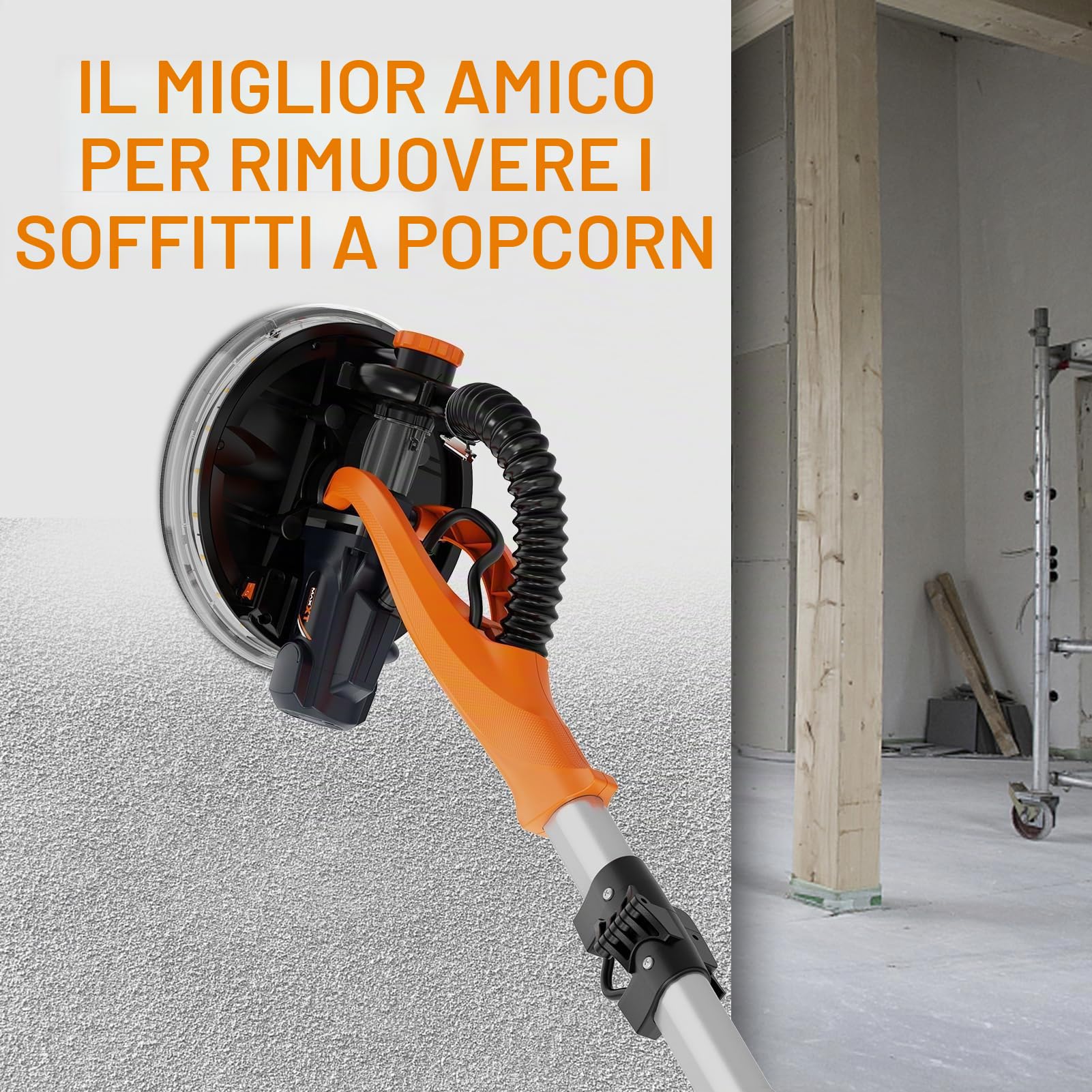 MAXXT Levigatrice per cartongesso Pieghevole Con aspirazione polvere VERO sistema di autoaspirazione Luce LED impugnatura telescopica Velocità variabile Motore 820W Sei dischi abrasivi 225mm
