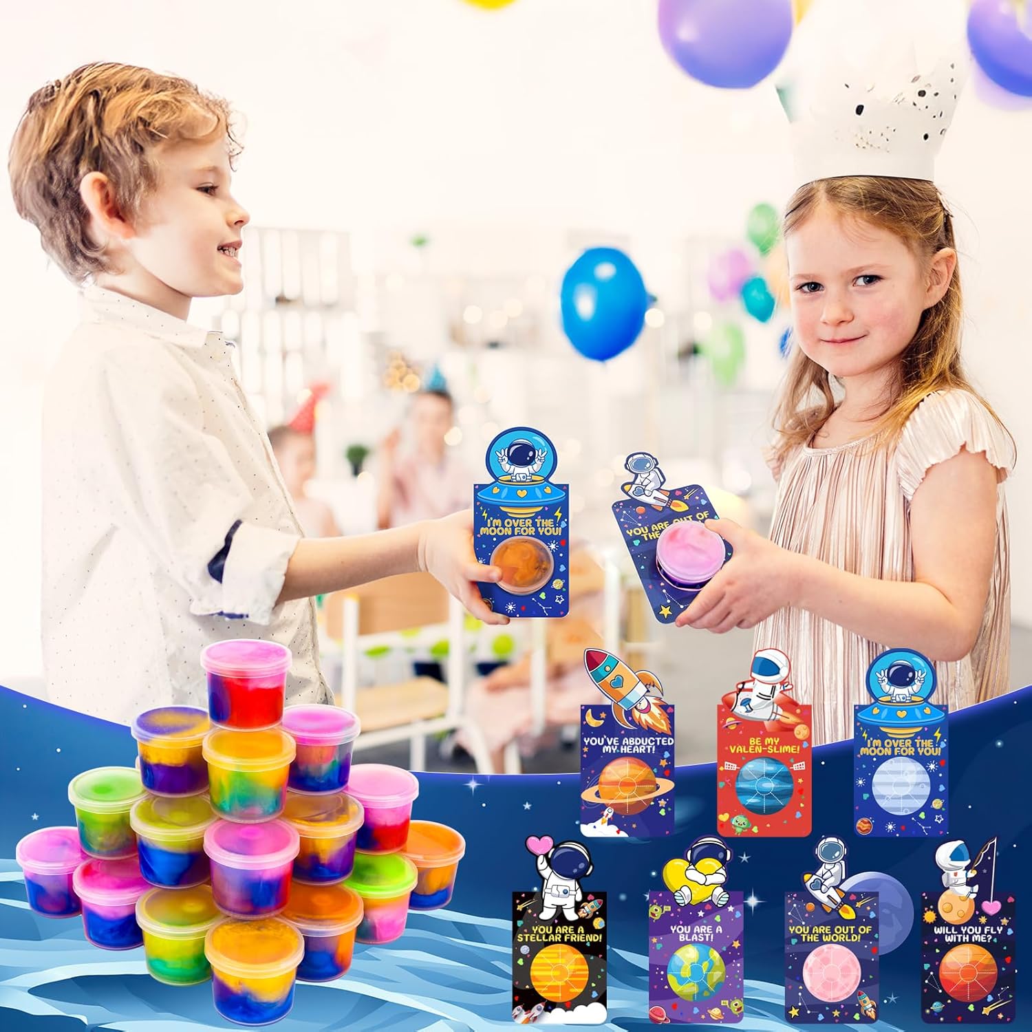 28 Pack Valentines Day Gift for Kids, Galaxy Slime Stress Relief Fidget Toy with Valentine's Day Cards, Valentines for Kids Classroom, School Valentine Party Favors
