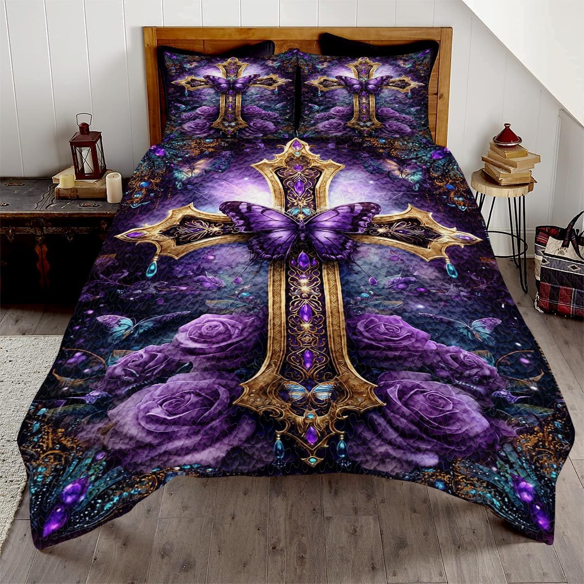 Personalized Faith Cross Patchwork Quilt – Custom Jesus Christian Comforter, Microfiber Bedding, Religious for Women & Men, Twin, Queen, King Size (Faith Cross Floral)