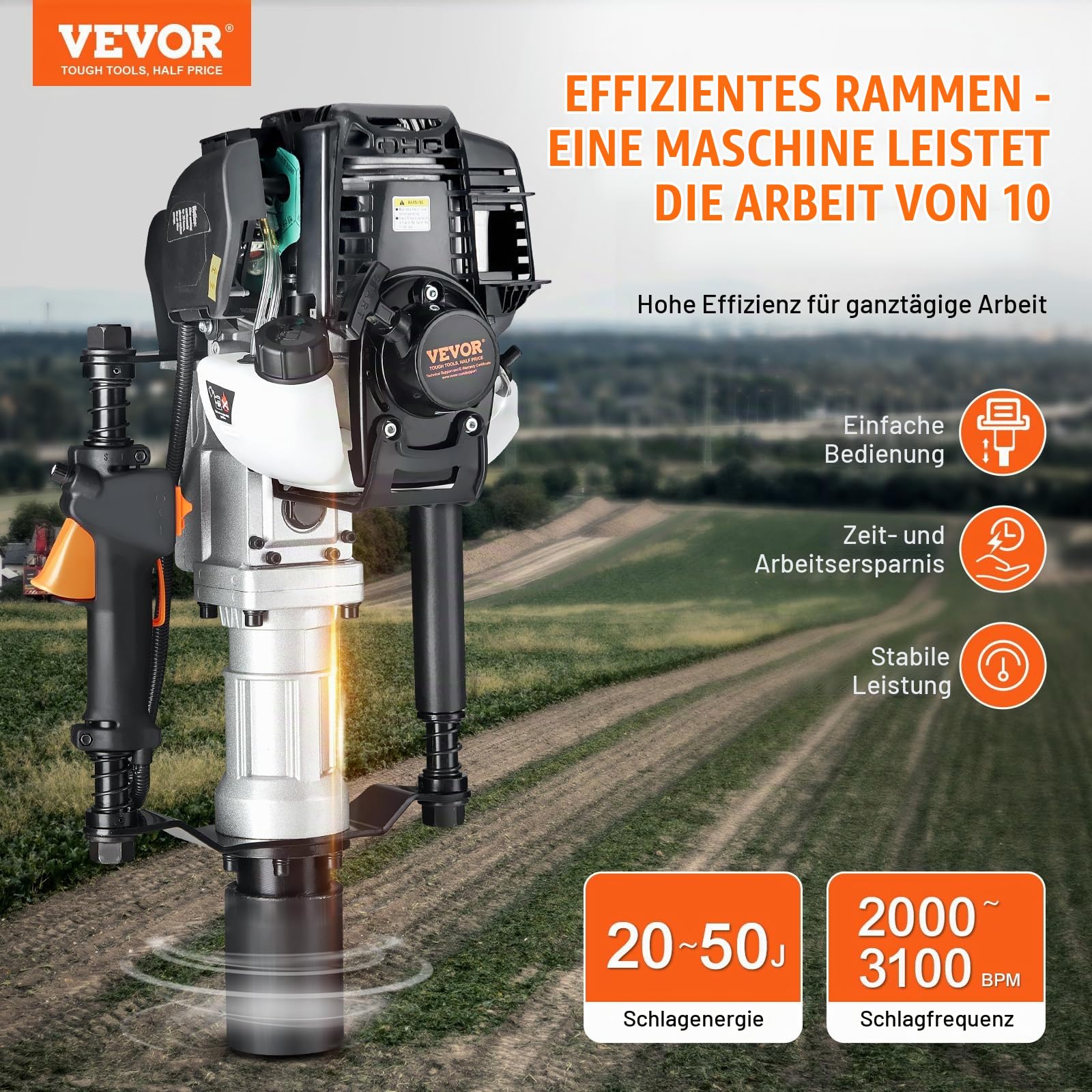 VEVOR 37,77 cc Pfahlramme Benzin, 4-Takt-Zaunpfahlramme mit Benzinmotor, mit 2 Pfosten-Rammköpfen (55/70 mm), tragbarer 1000-W-Pfostenramme, Handramme für Bauernhöfe, Ranchzäune, Straßenverbesserungen