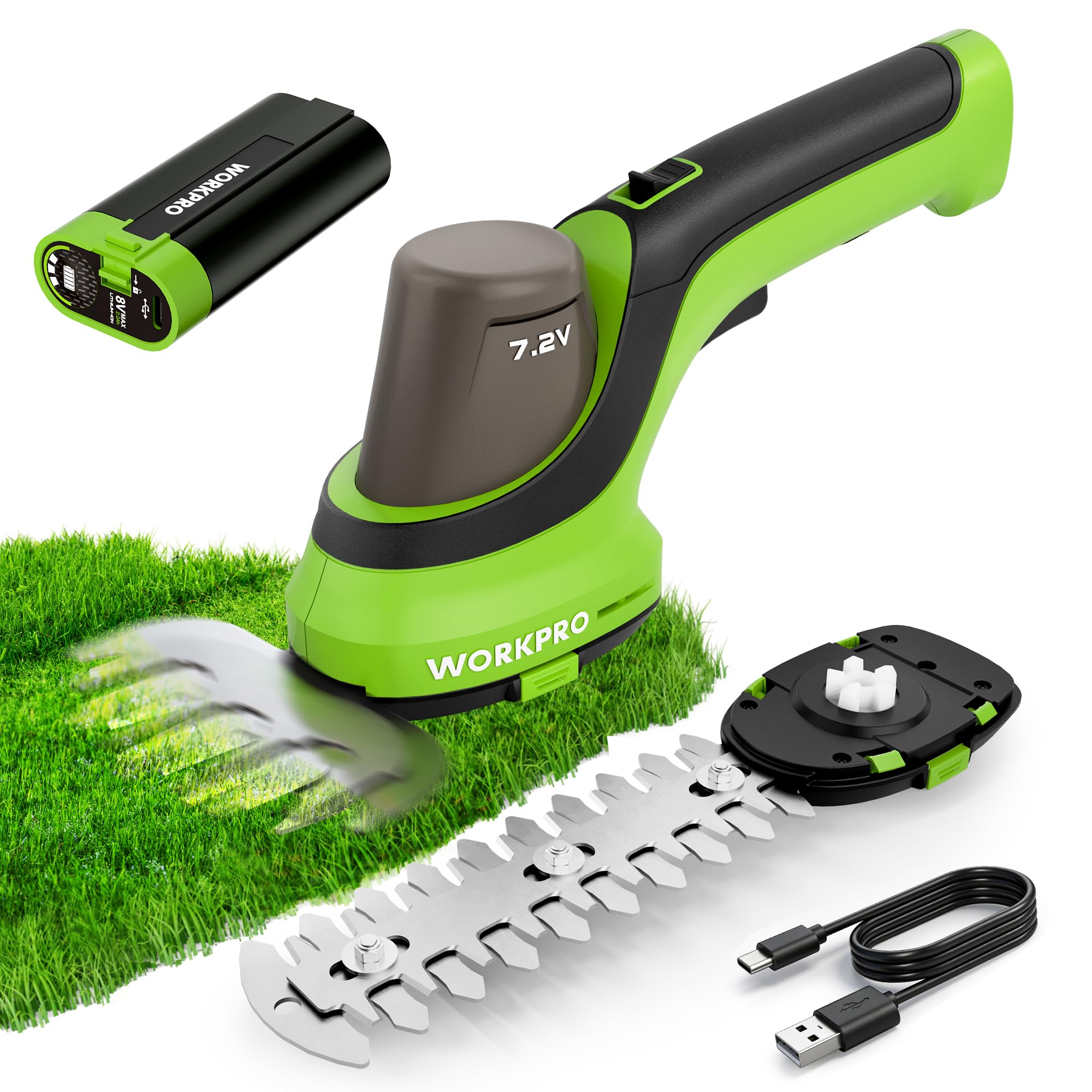 WORKPRO Gartenschere Akku 7,2V, 2 in 1 Gras- & Strauchschere mit 2 Messern | Schnittbreite 100 mm, Schnittlänge 150 mm, 2000mAh Akku & Ladekabel, Heckenschere für Rasenkanten, Strauchschnitt