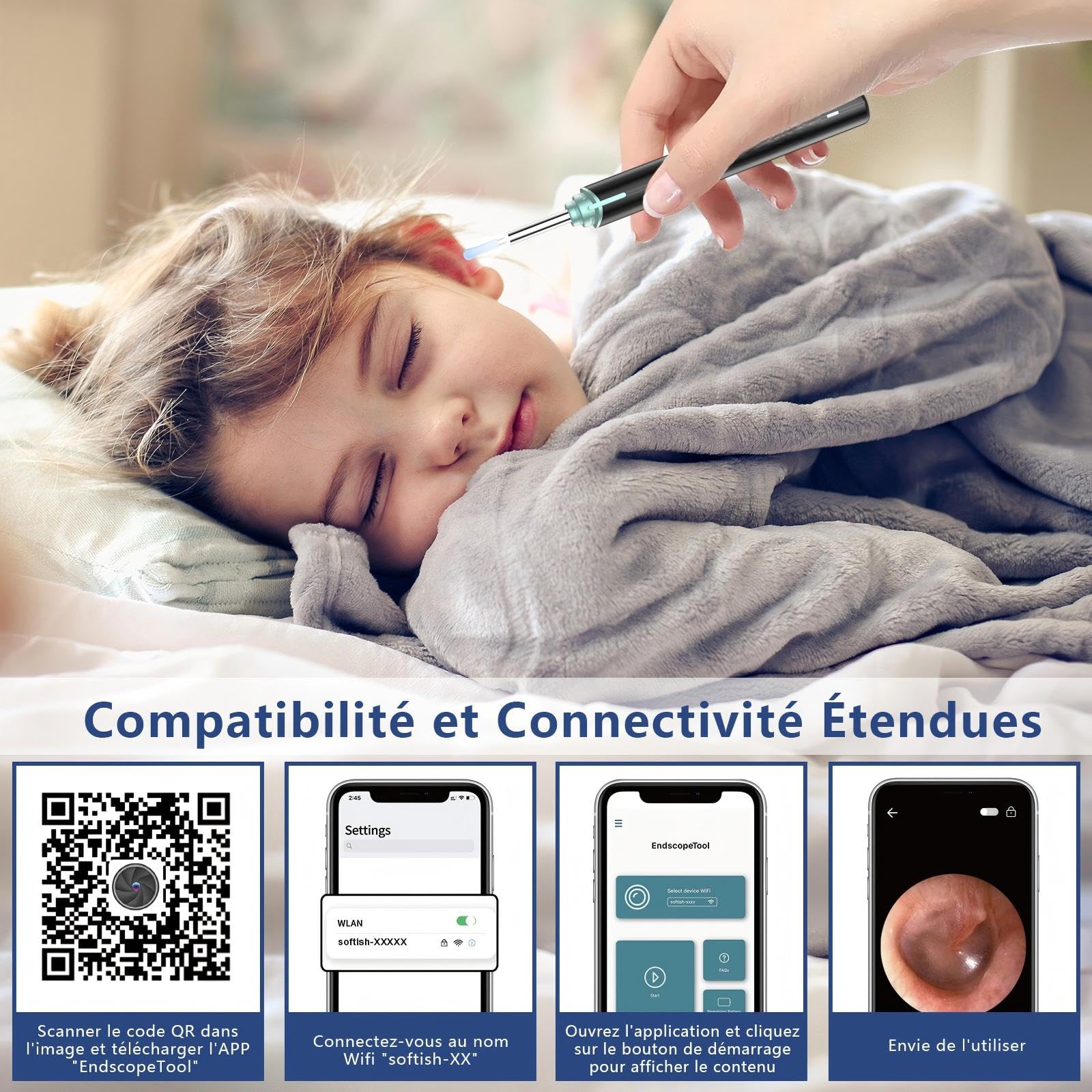 Otoscope Oreille, Nettoyeur Oreille Camera 1920P HD IP67 Étanche, Nettoyage Oreille Cure Oreille Camera avec 6 LED Avec 7 Accessoires Cure Oreille aux IOS et Android (Noir)
